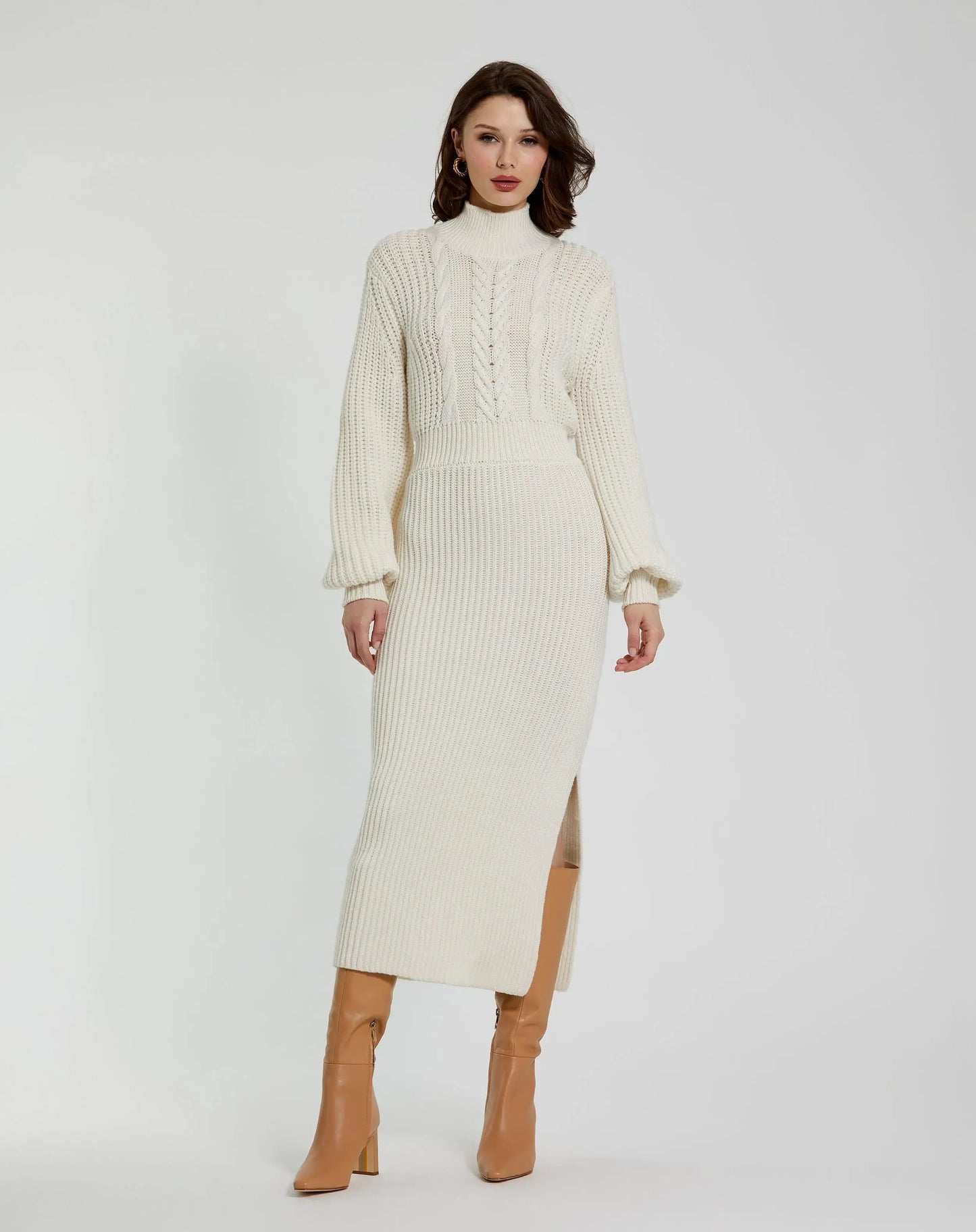 White Long Sleeve Turtle Neck Knit Midi Dress - Mac Duggal