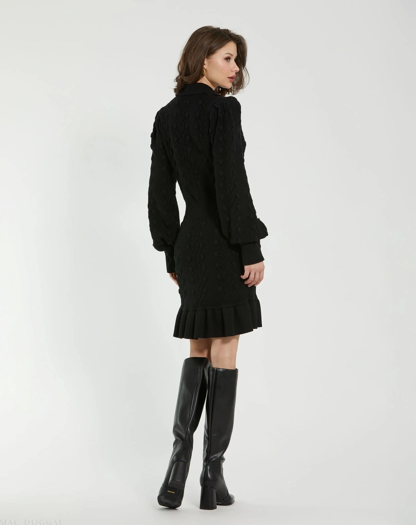 Black Long Sleeve Button Up Collared Bobble Knit Sweater Dress - Mac Duggal