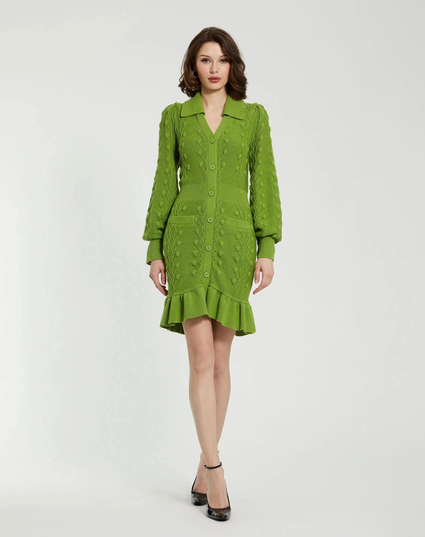 Green Long Sleeve Button Up Collared Bobble Knit Sweater Dress - Mac Duggal