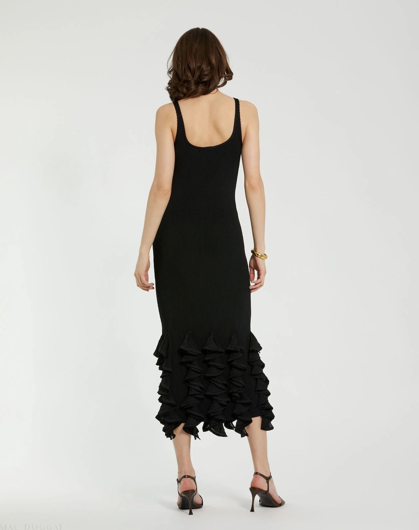 Black Rib Knit Sleeveless Midi Dress With Ruffle Hem - Mac Duggal