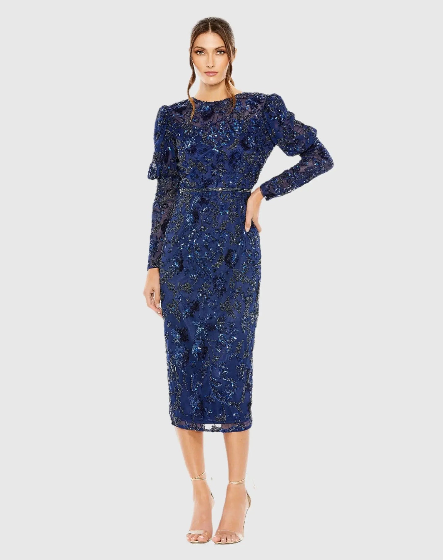 Sequined Puff Sleeve High Neck Dress - Mac Duggal
