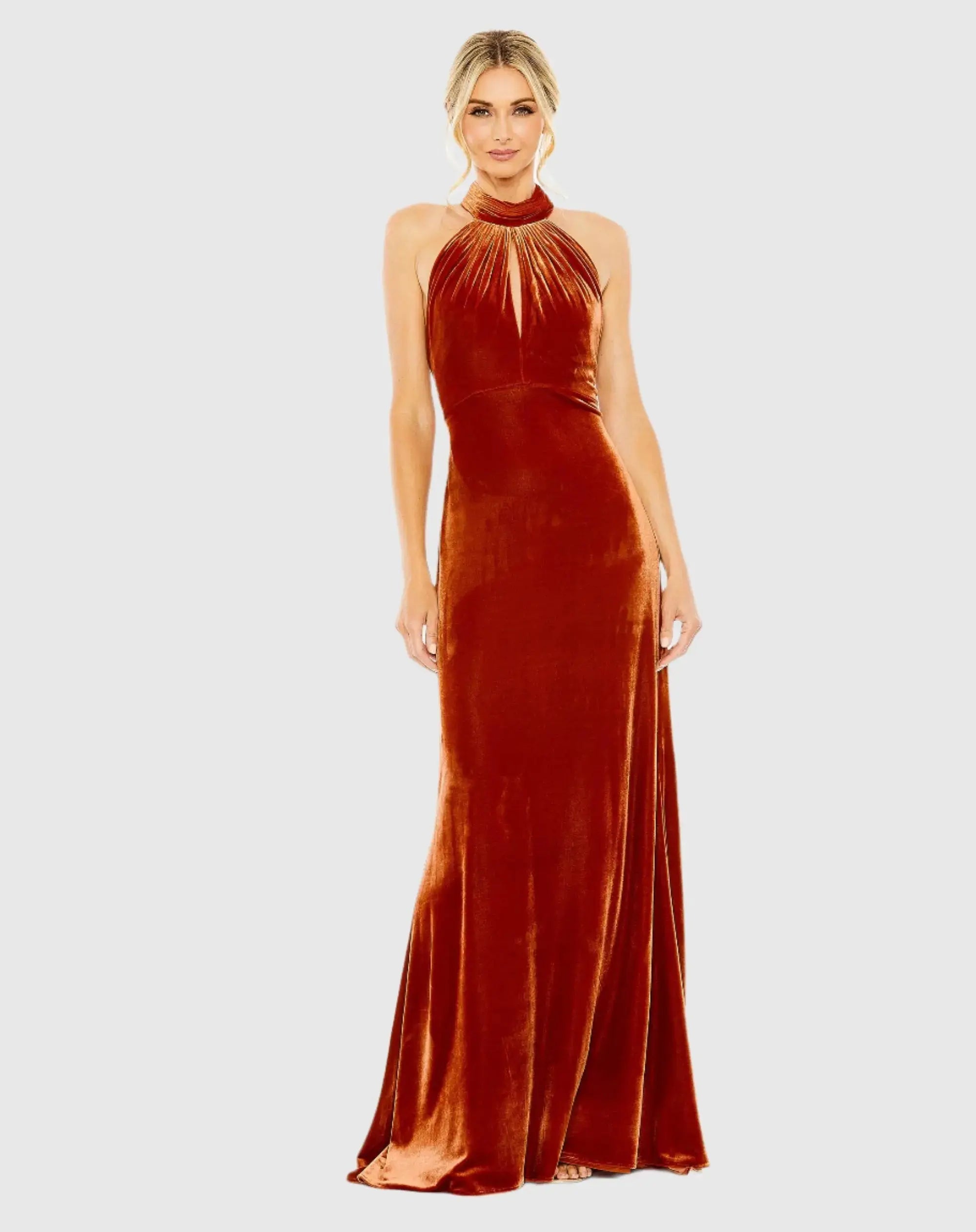 Halter Tie Front Slit Velvet Column Dress – Mac Duggal Halter Tie Front Slit Velvet Column Dress – Mac Duggal