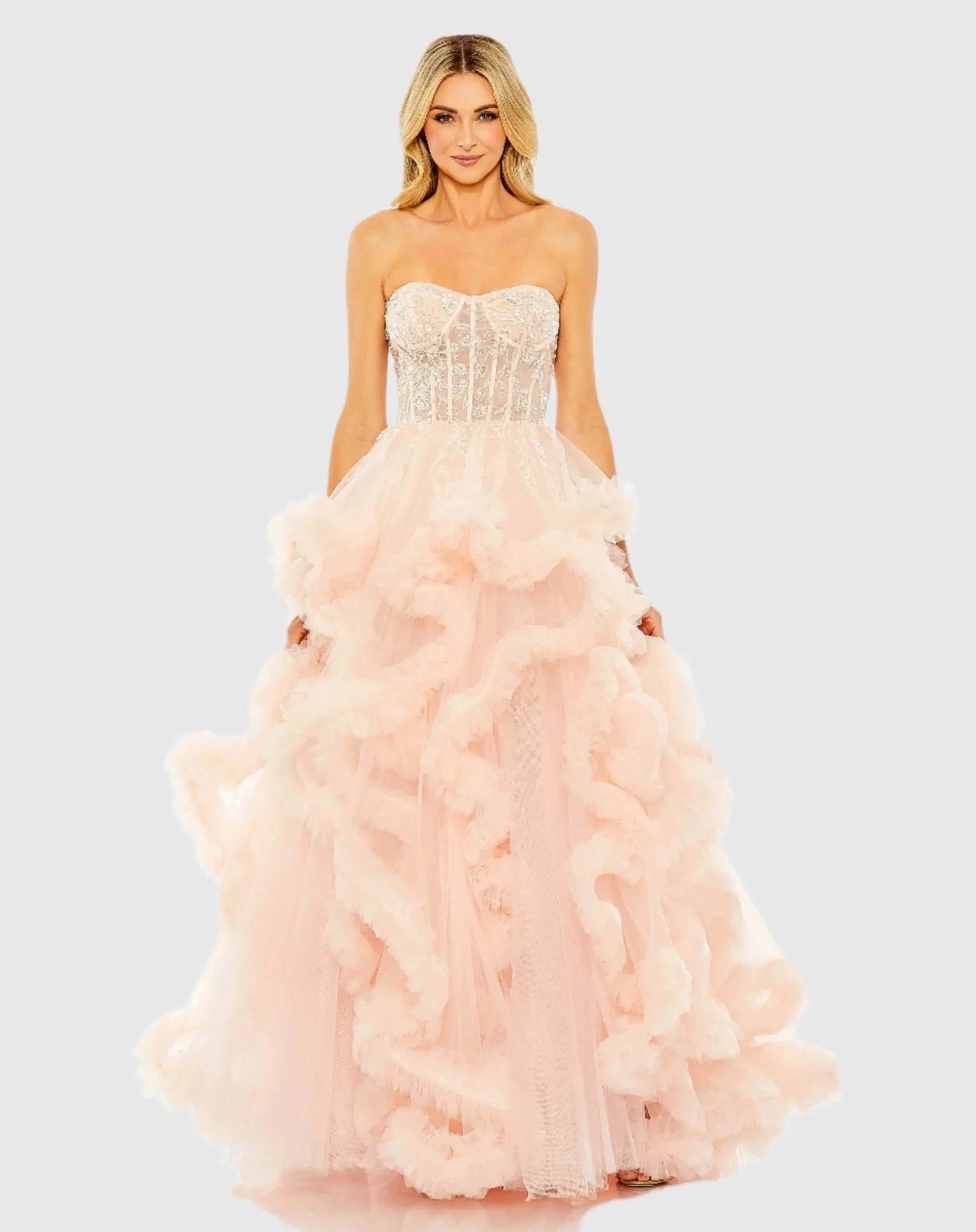 Pink Strapless Corset Detail Tulle Layered Gown