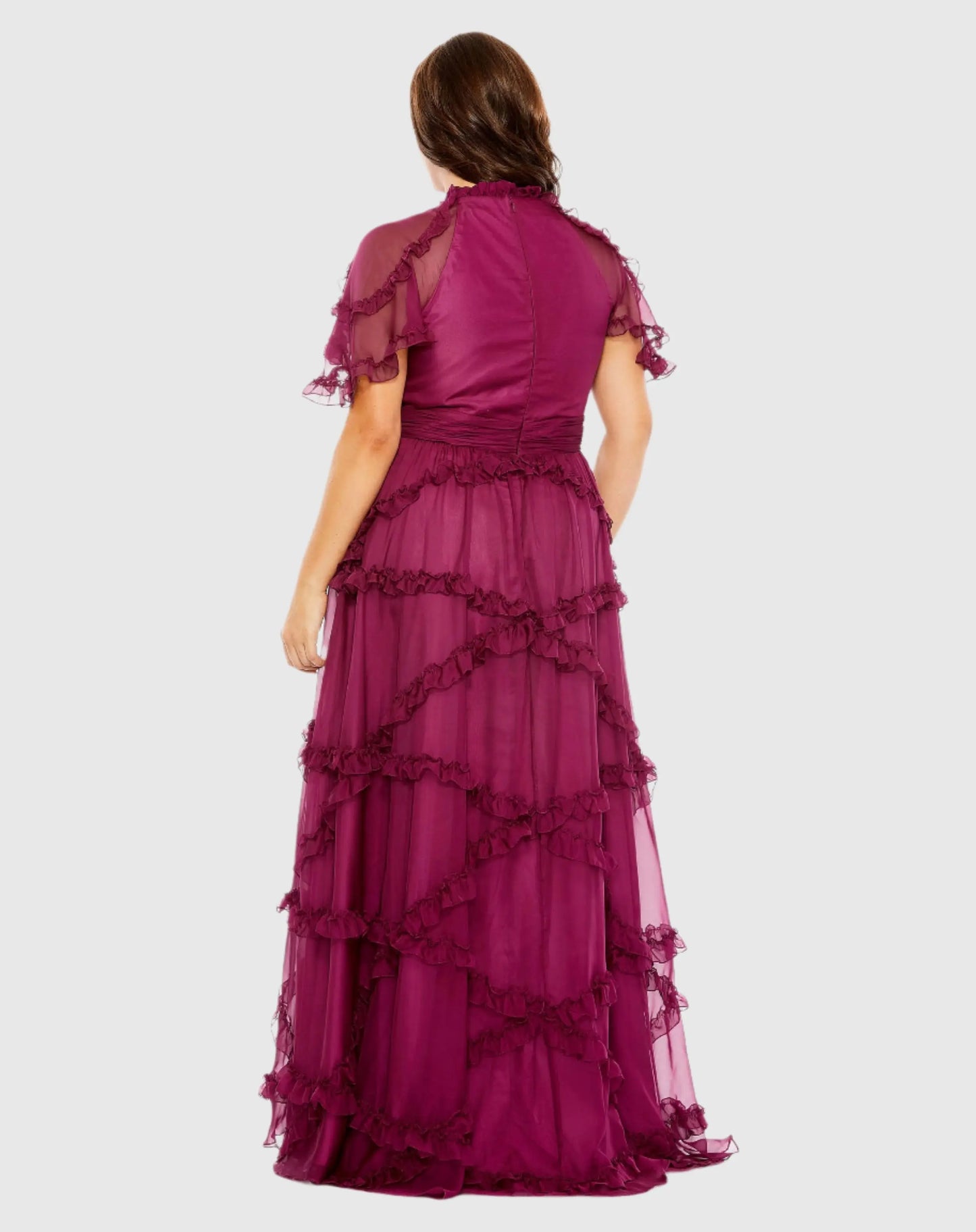 Purple High Neck Ruffle Tiered Flutter Sleeve Gown - Mac Duggal