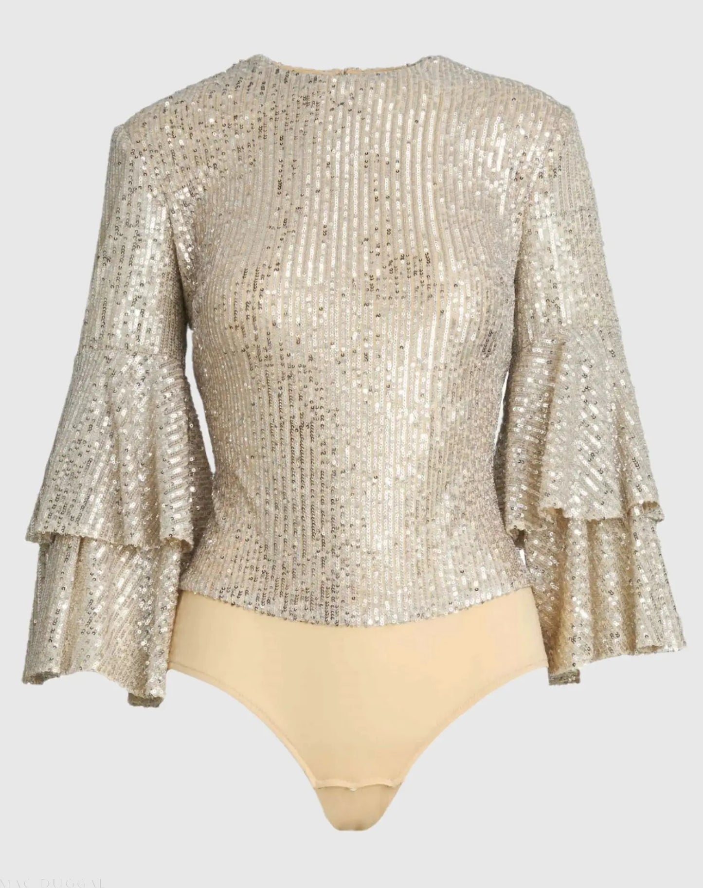 Silver Ruffle 3/4 Sleeve Sequin Bodysuit - FINAL SALE - Mac Duggal