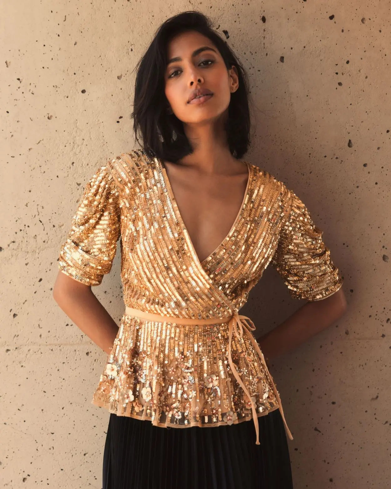 Gold Sequined Puff Sleeve Faux Wrap Top - FINAL SALE - Mac Duggal