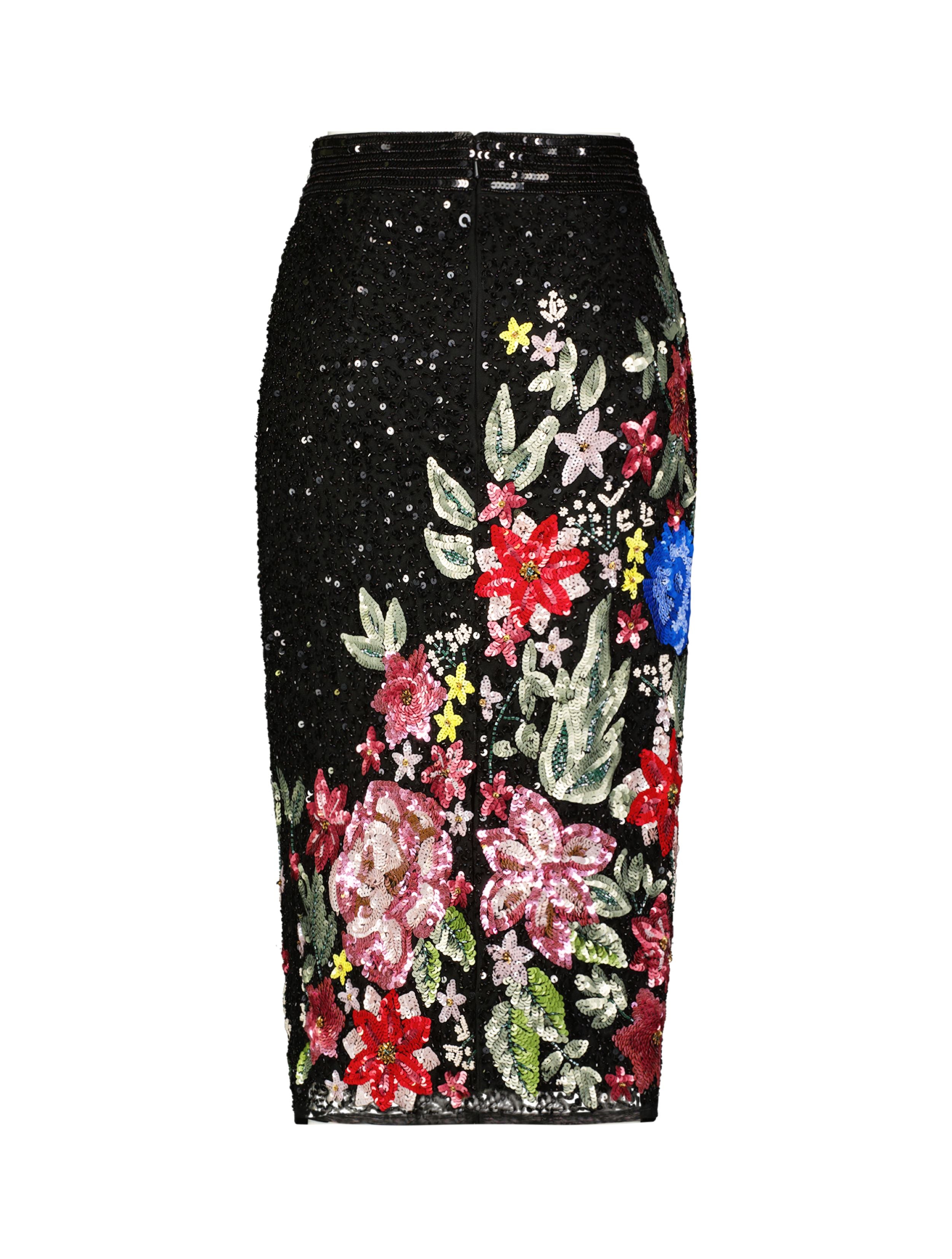 Floral Sequin Embellished Knee Length Column Skirt