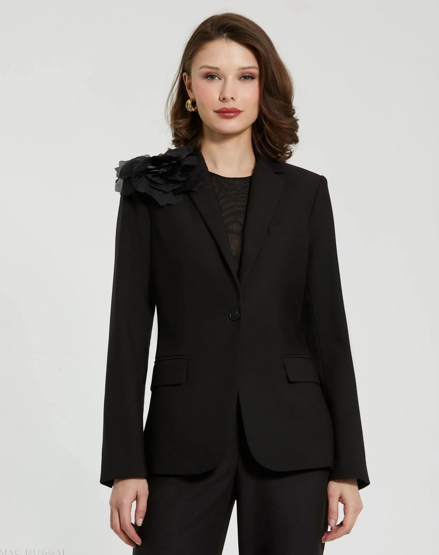 Black Classic Crepe Blazer Jacket With Flower - FINAL SALE - Mac Duggal