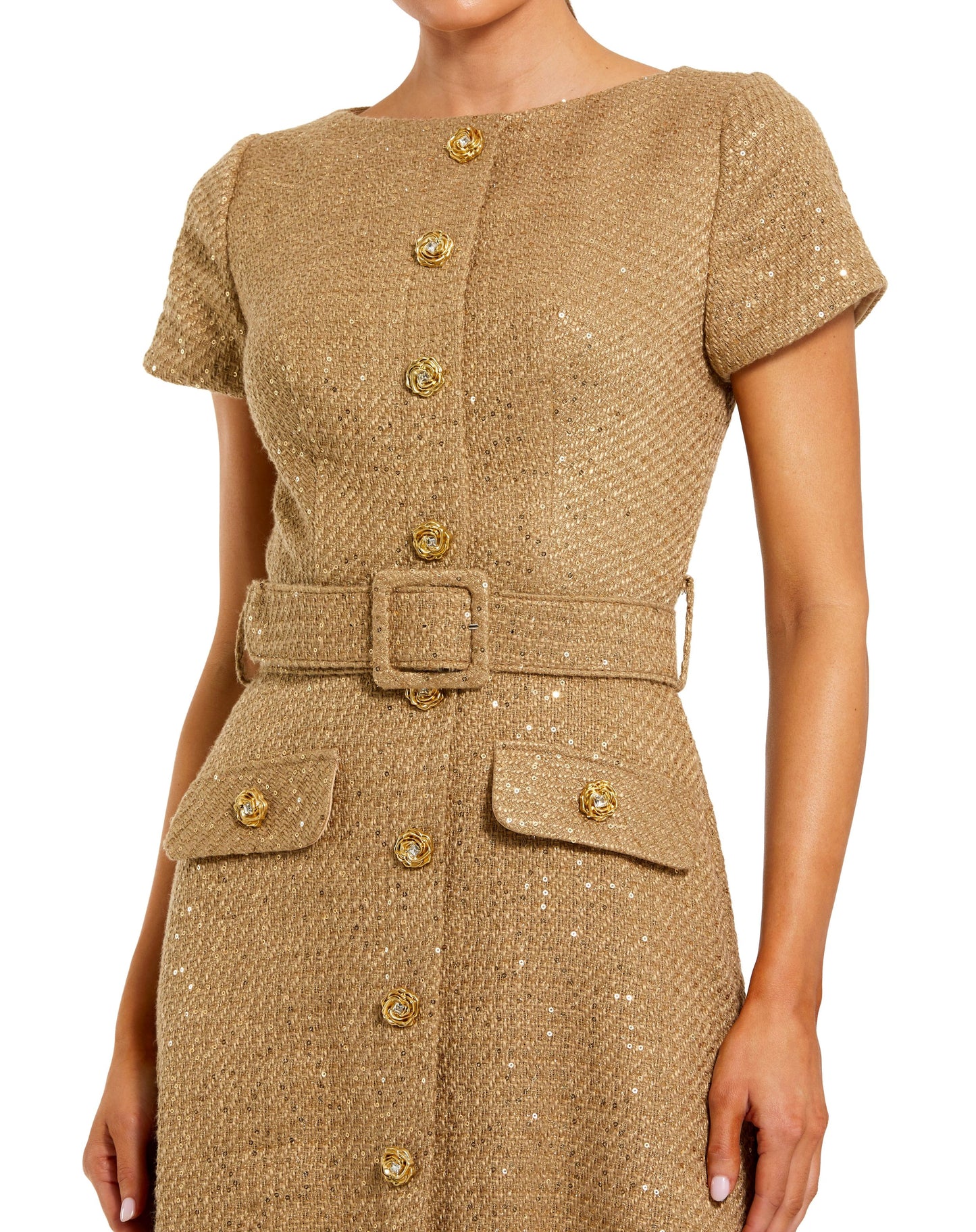 Gold Boucle Cap Sleeve High Neck Button Up Midi Dress - Toffee,US 2