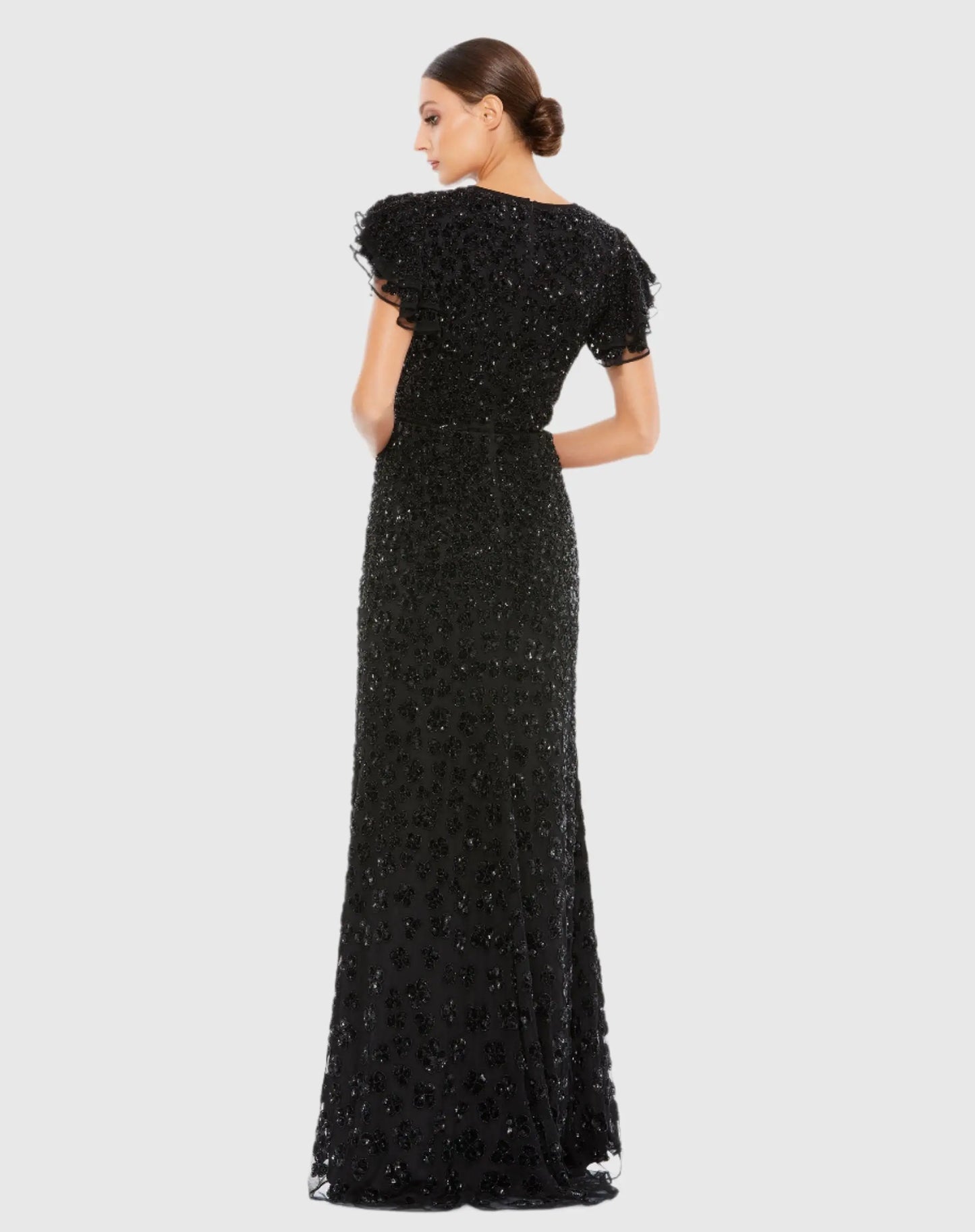 Black High Neck Flutter Cap Sleeve Gown Mac Duggal