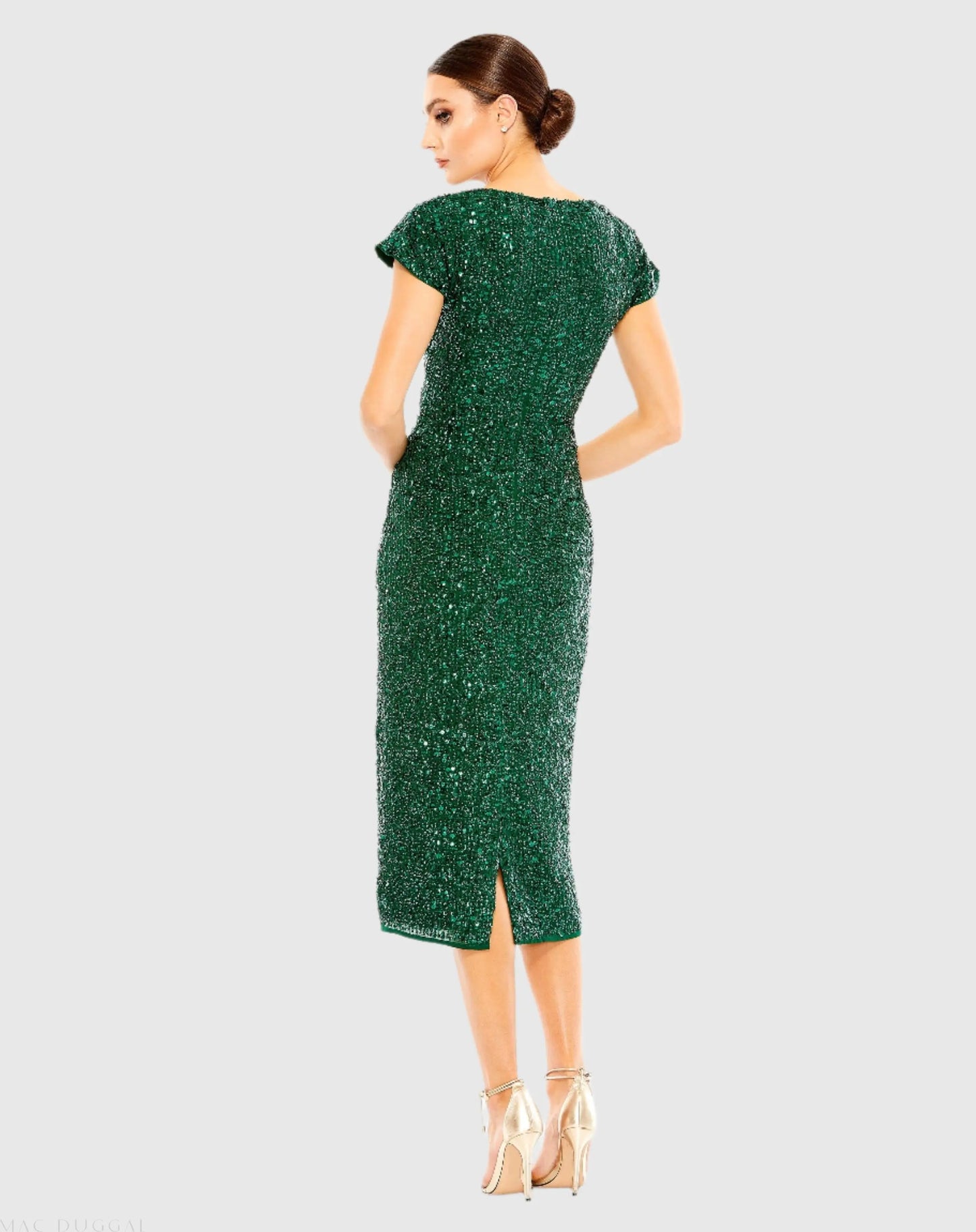 Dark Green Sequined Short Sleeve Wrap Over Cocktail Dress - Mac Duggal