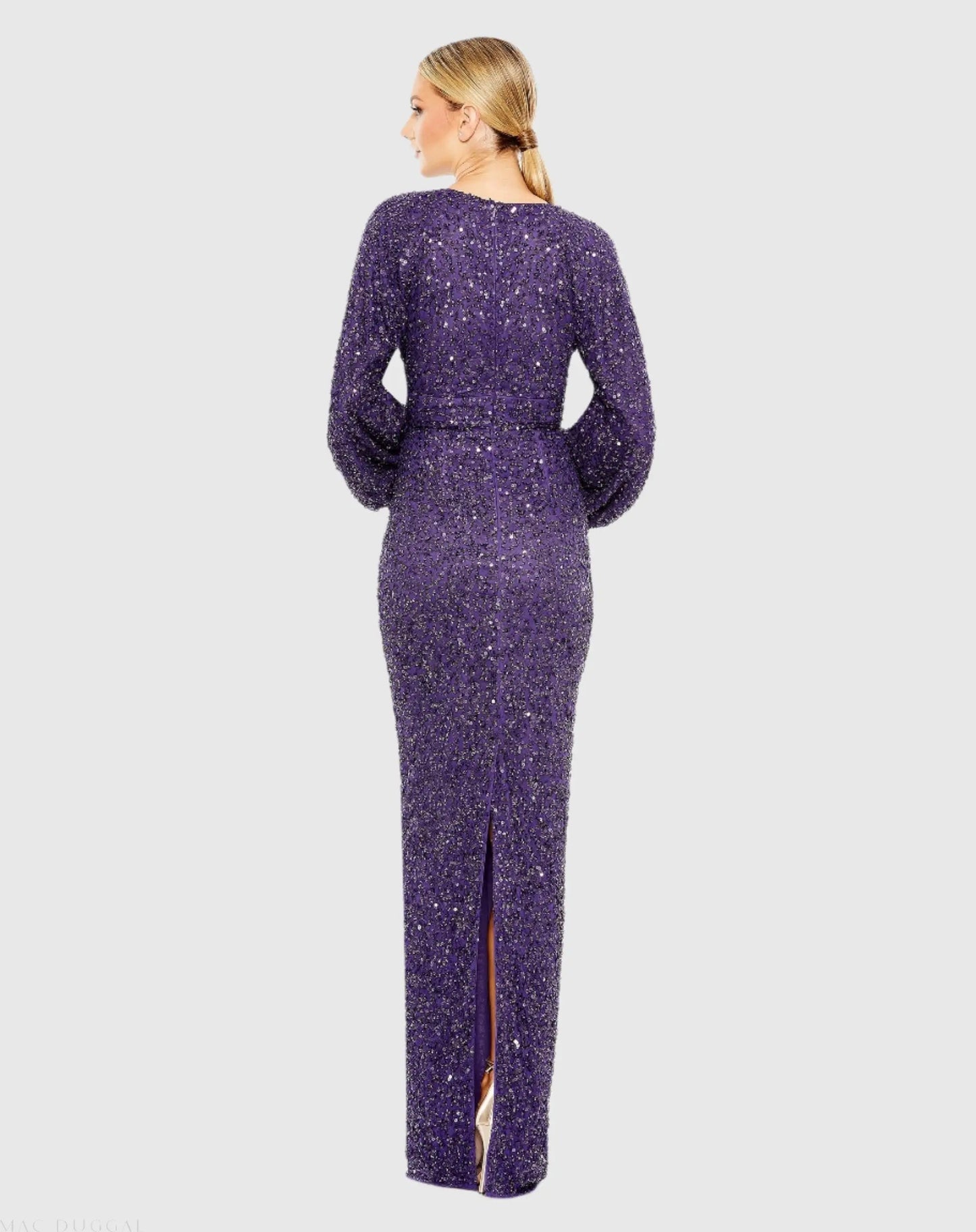 Purple Sequined Puff Sleeve V Neck Gown - Mac Duggal