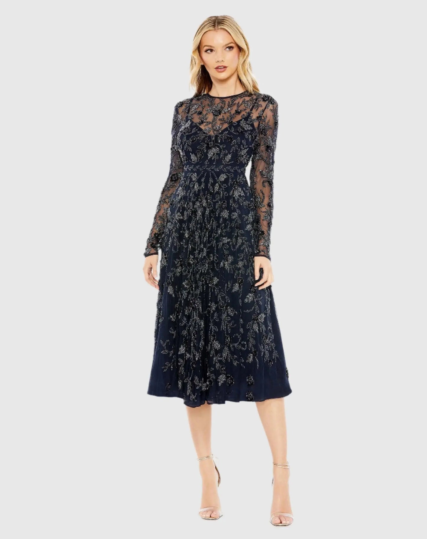 Navy Beaded Illusion High Neck Long Sleeve A Line Gown