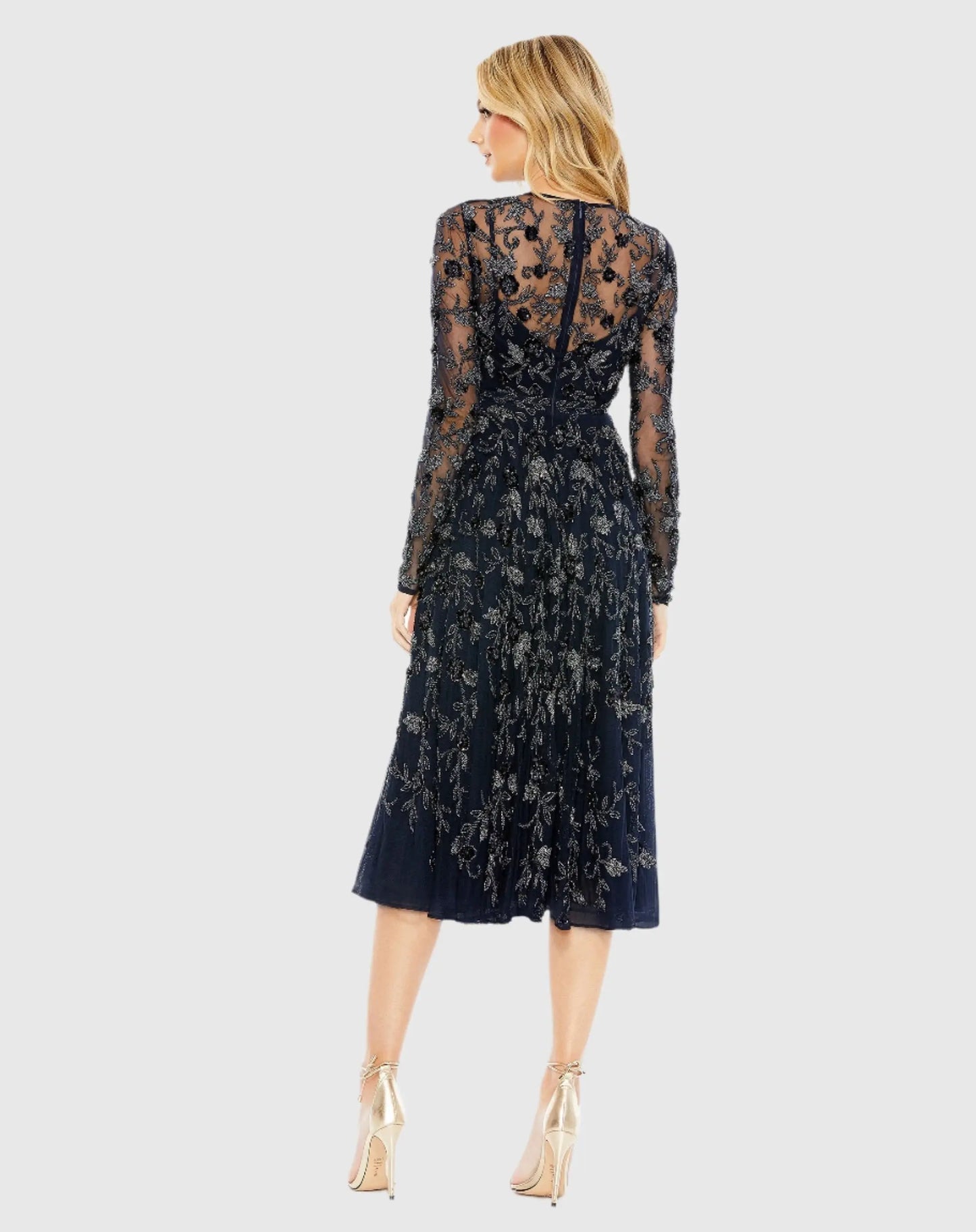 Navy Beaded Illusion High Neck Long Sleeve A Line Gown - Mac Duggal