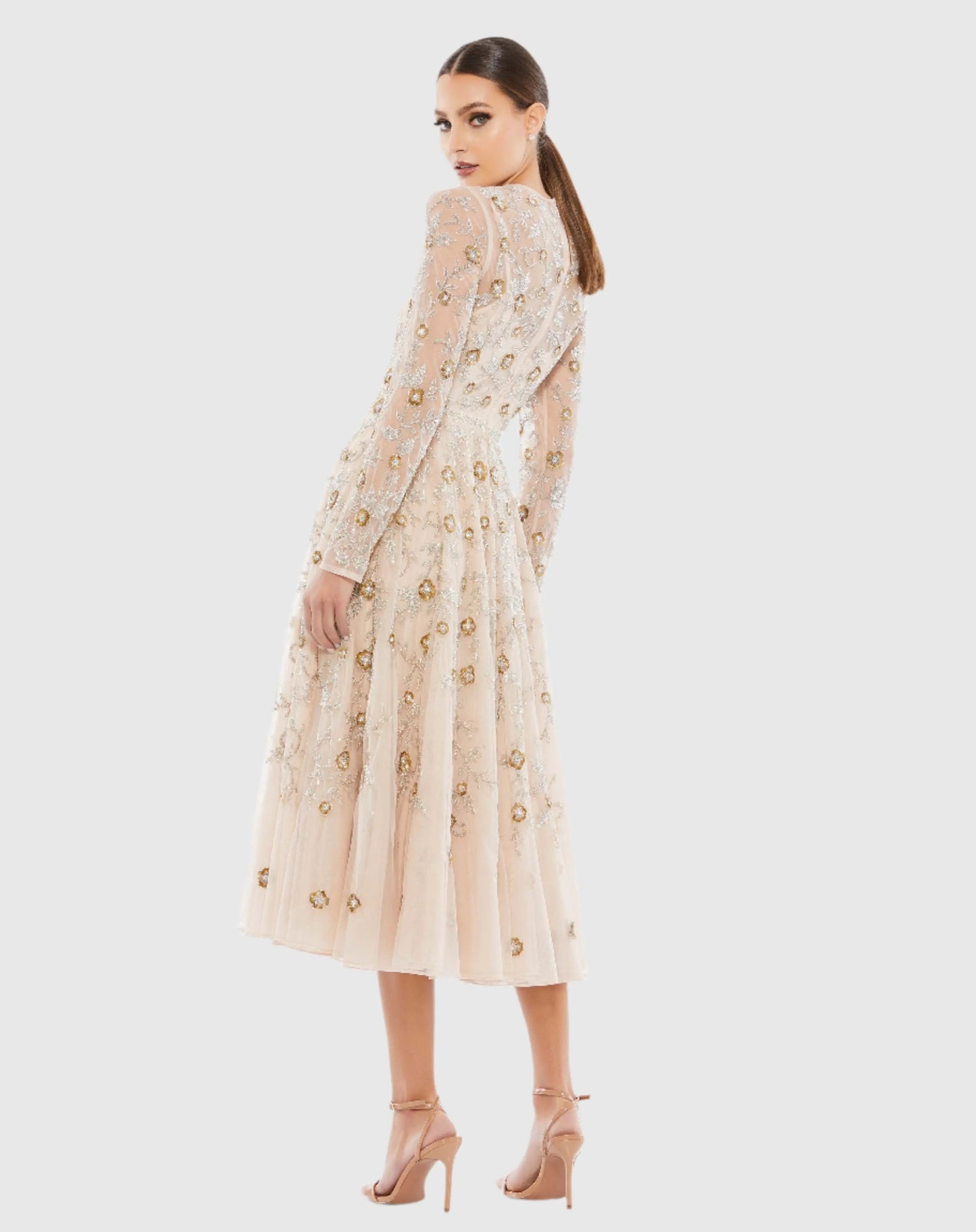 Beige Beaded Illusion High Neck Long Sleeve A Line Gown - Mac Duggal