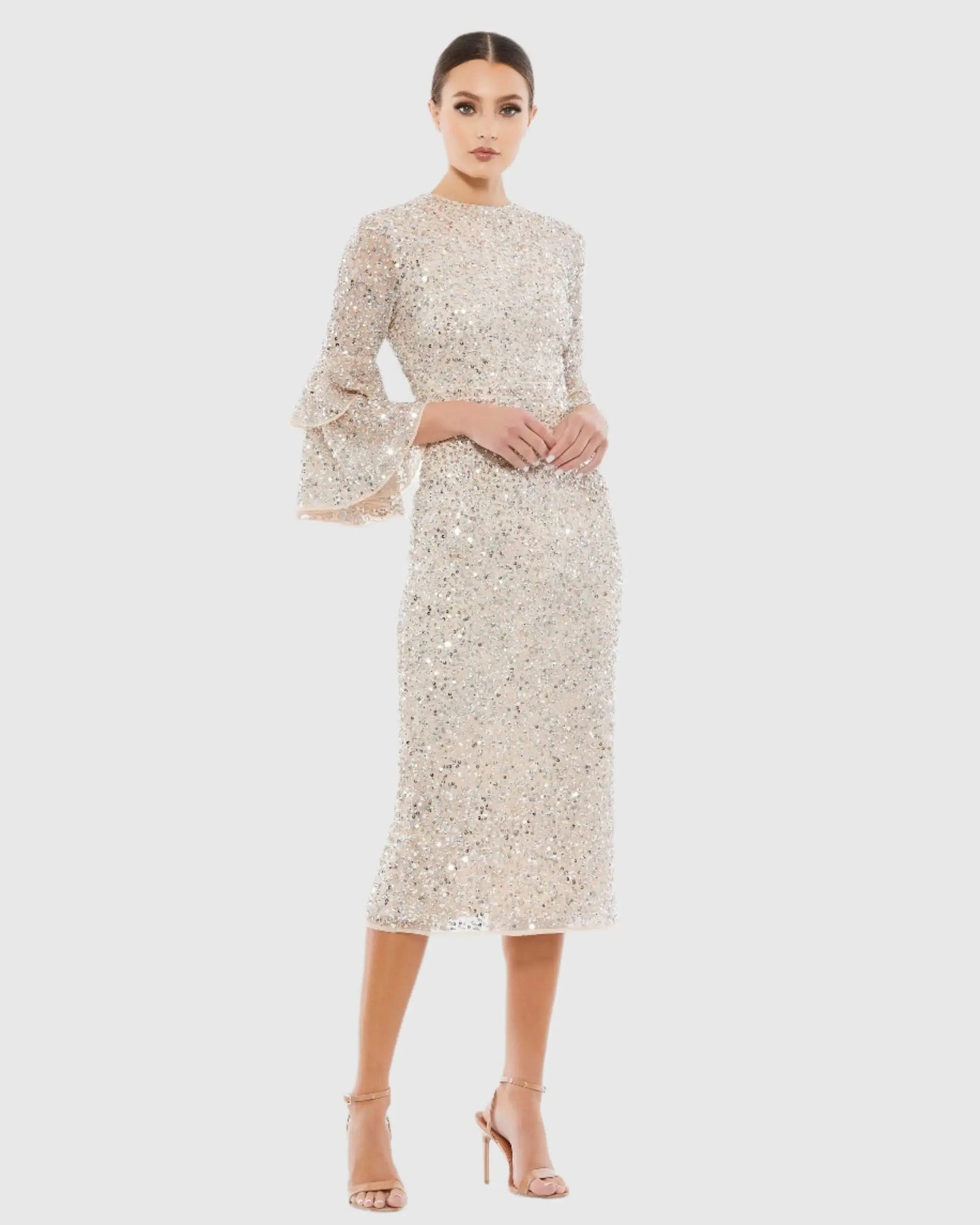 Beige and Silver Fully Sequined Ruffle Tiered 3/4 Sleeve Midi Dress - Mac Duggal
