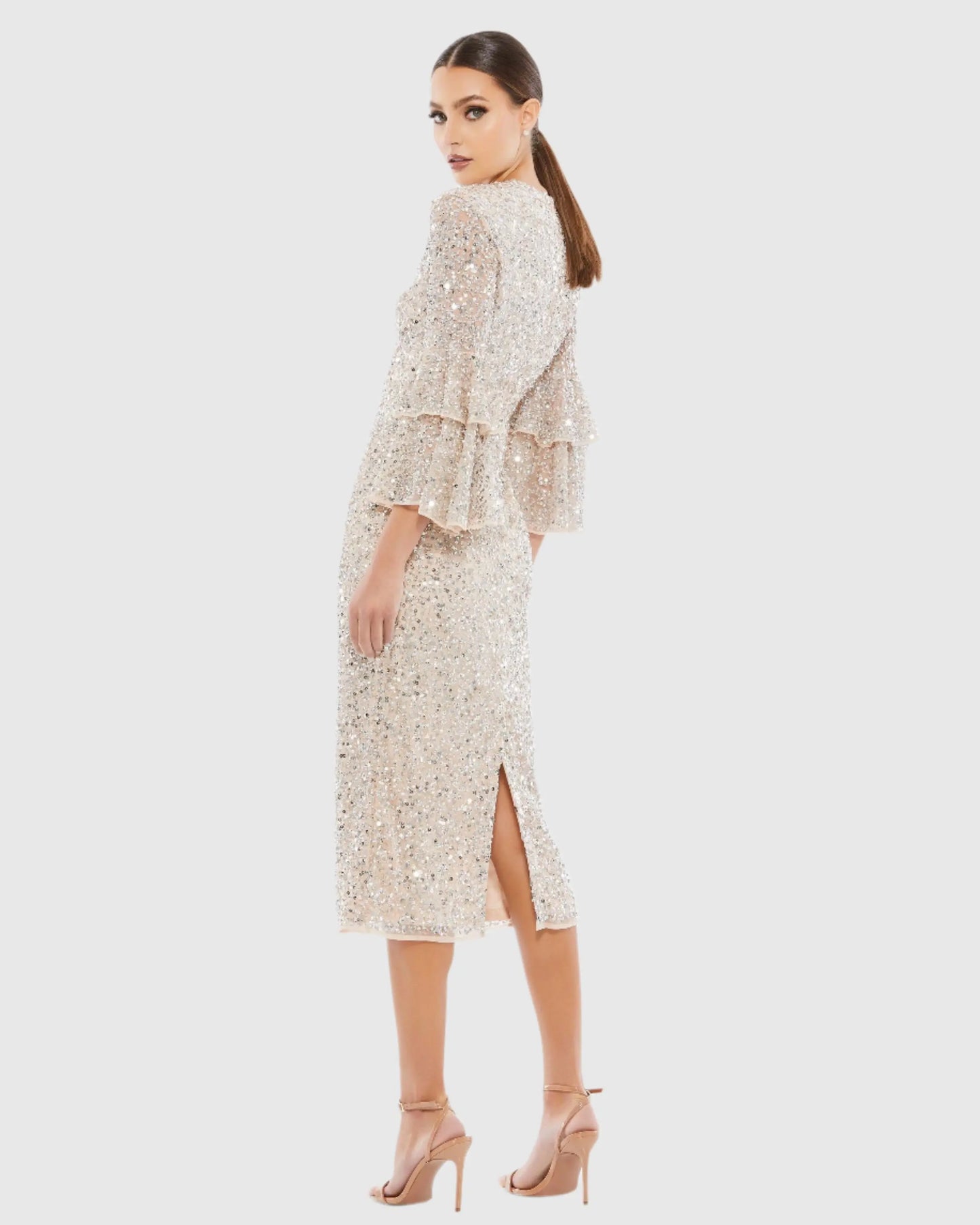 Beige and Silver Fully Sequined Ruffle Tiered 3/4 Sleeve Midi Dress - Mac Duggal