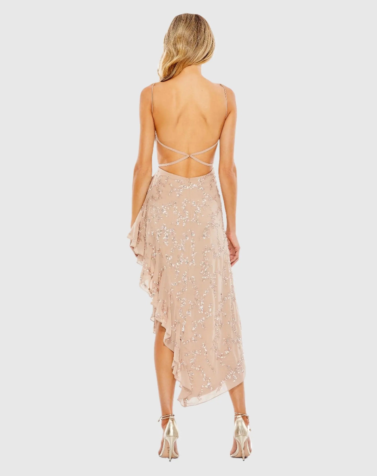 Sequined Faux Wrap Ruffled Asymmetrical Hem Dress - Mac Duggal