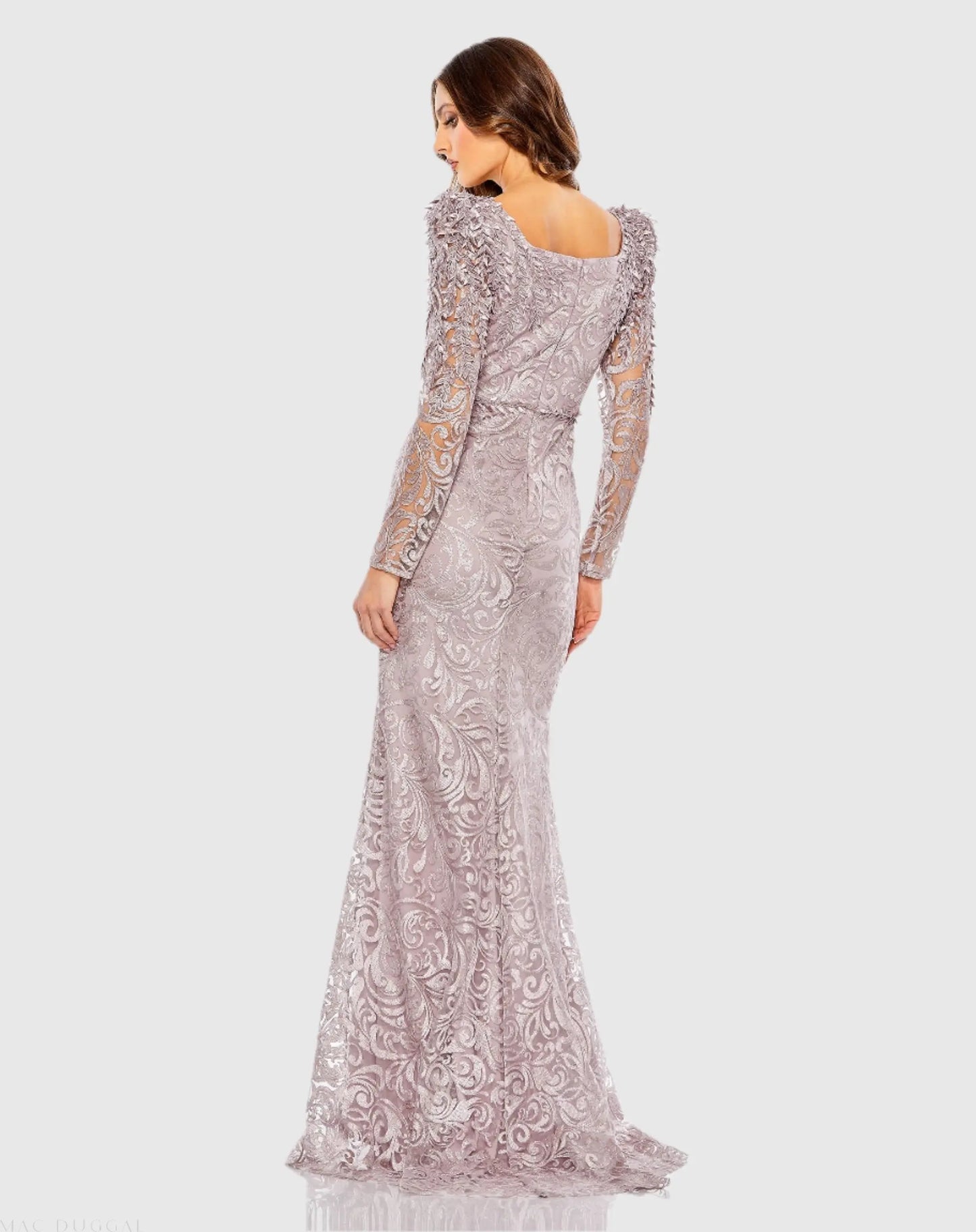 Purple Embroidered Lace Applique Shoulder Detail Trumpet Gown - Mac Duggal
