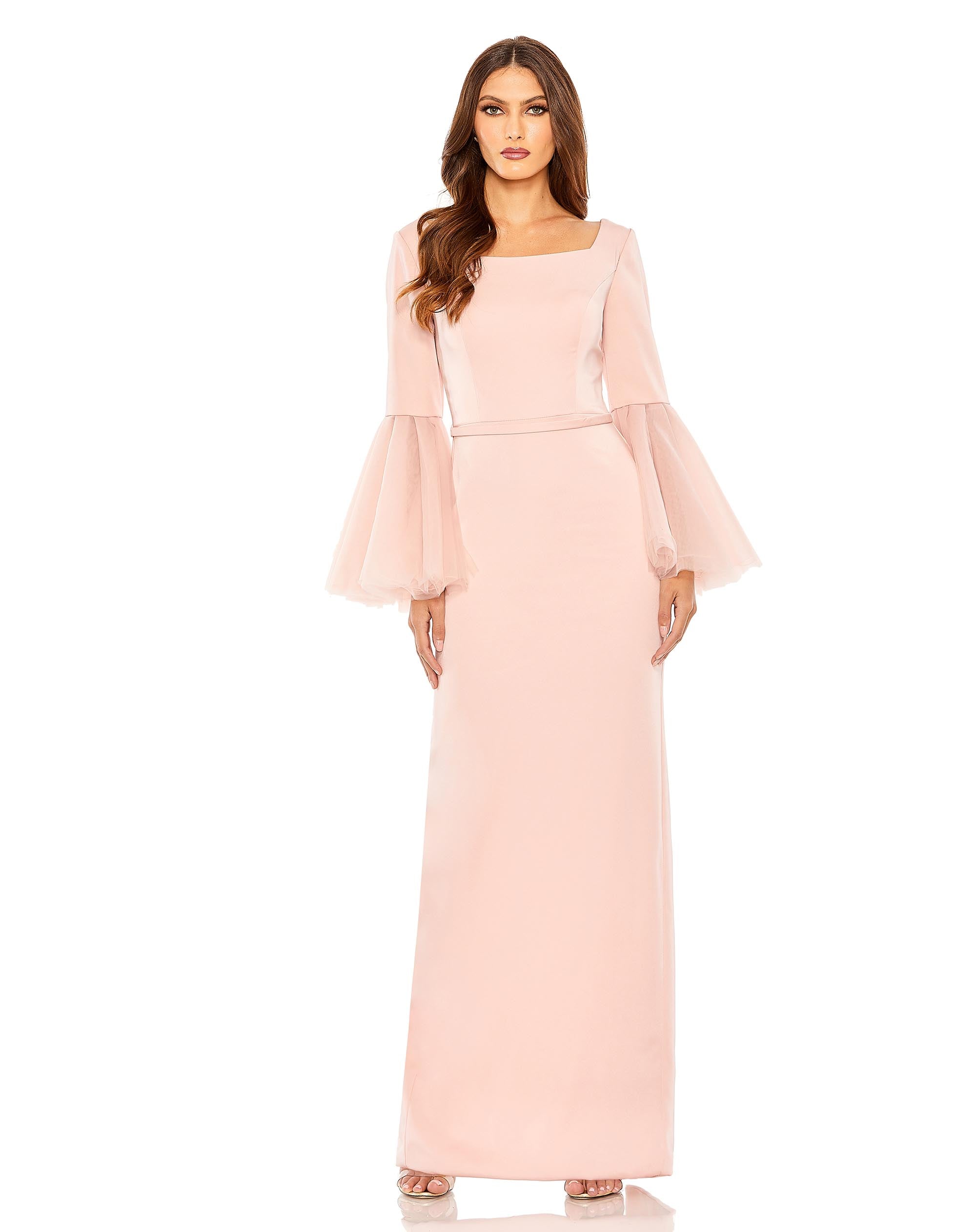 Flounce Sleeve Square Neck Column Gown