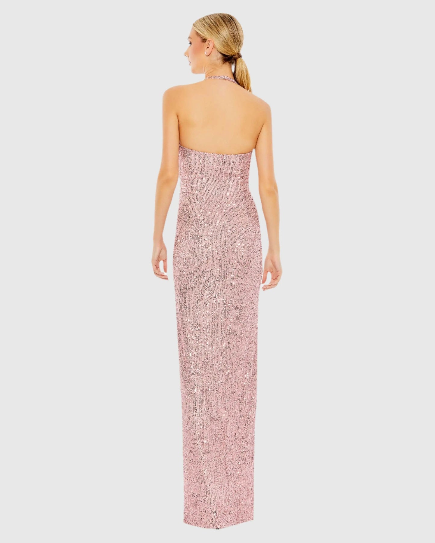 Pink Sequined Halter Strap Low Side Knot Gown - Ieena for Mac Duggal