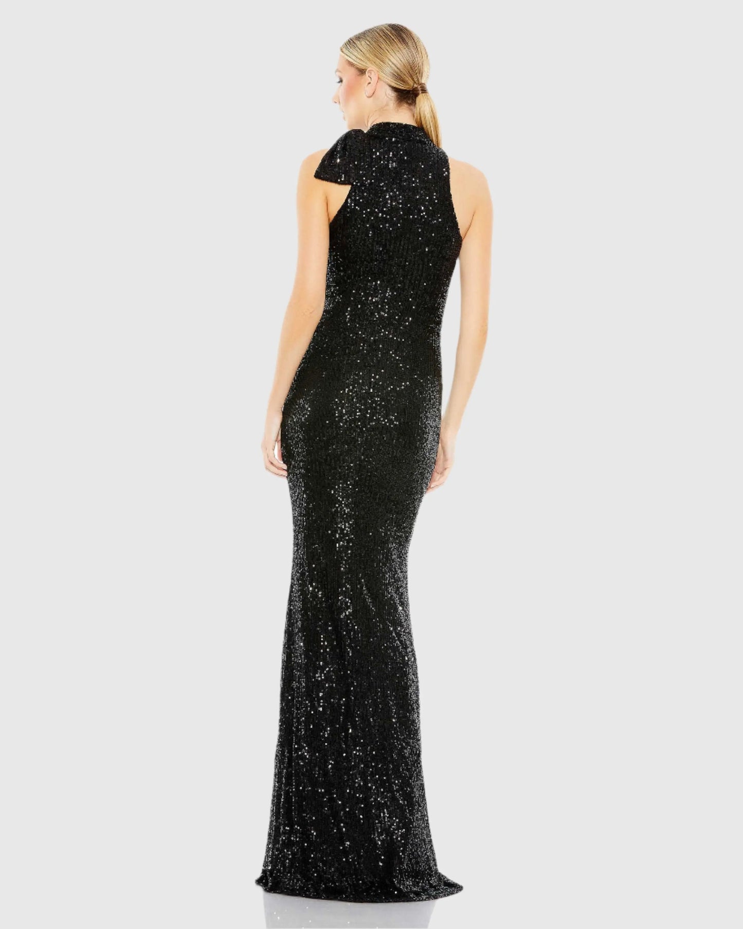 Black Soft Tie Halter Neck Sequin Gown - Ieena for Mac Duggal