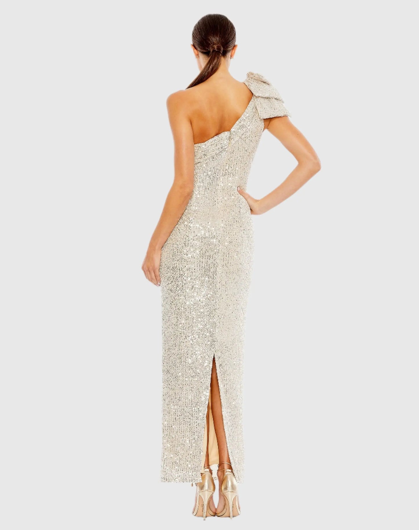 Beige Sequined Bow One Shoulder Column Gown - Ieena for Mac Duggal