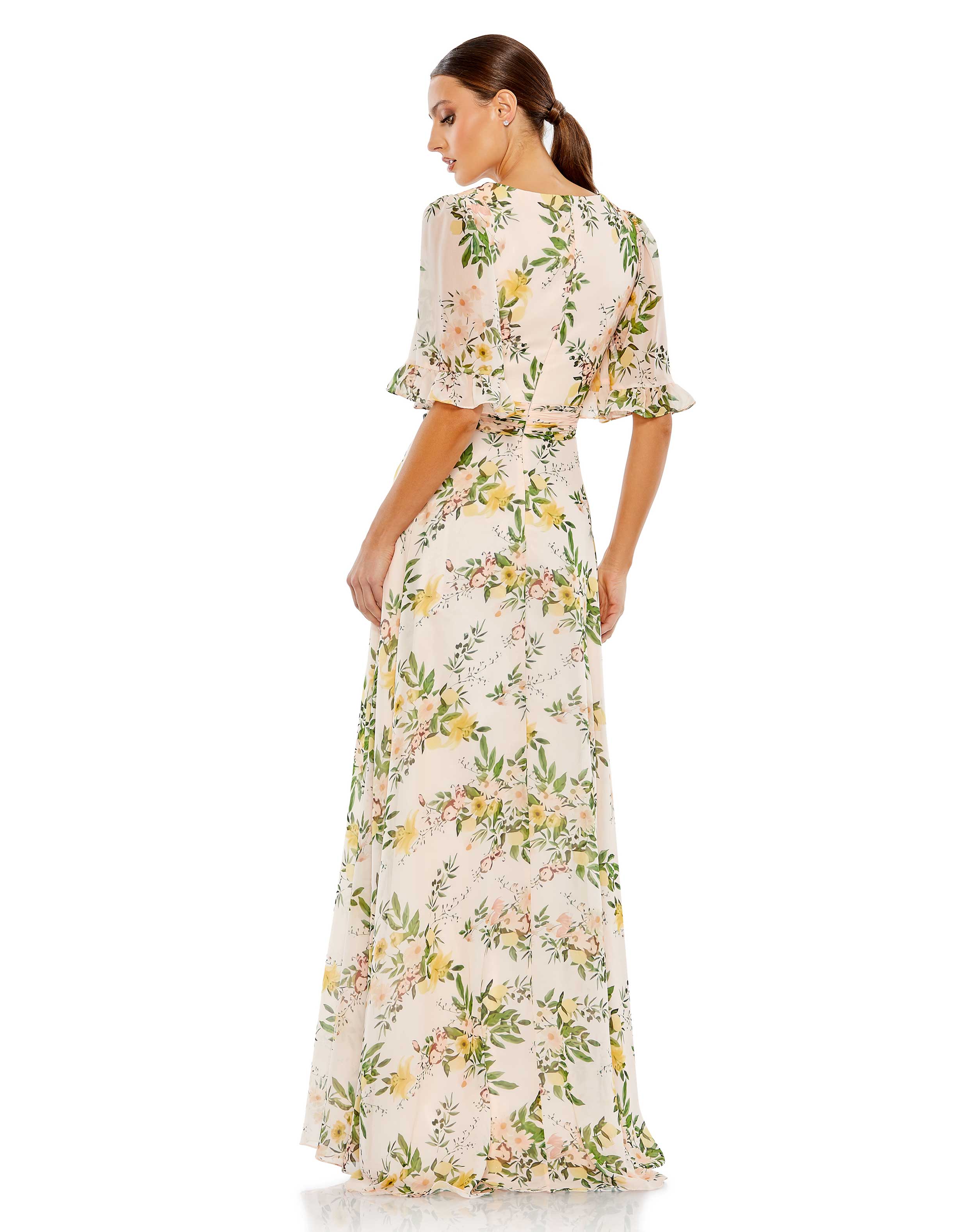 Floral Print Flutter Sleeve Wrap Over Gown