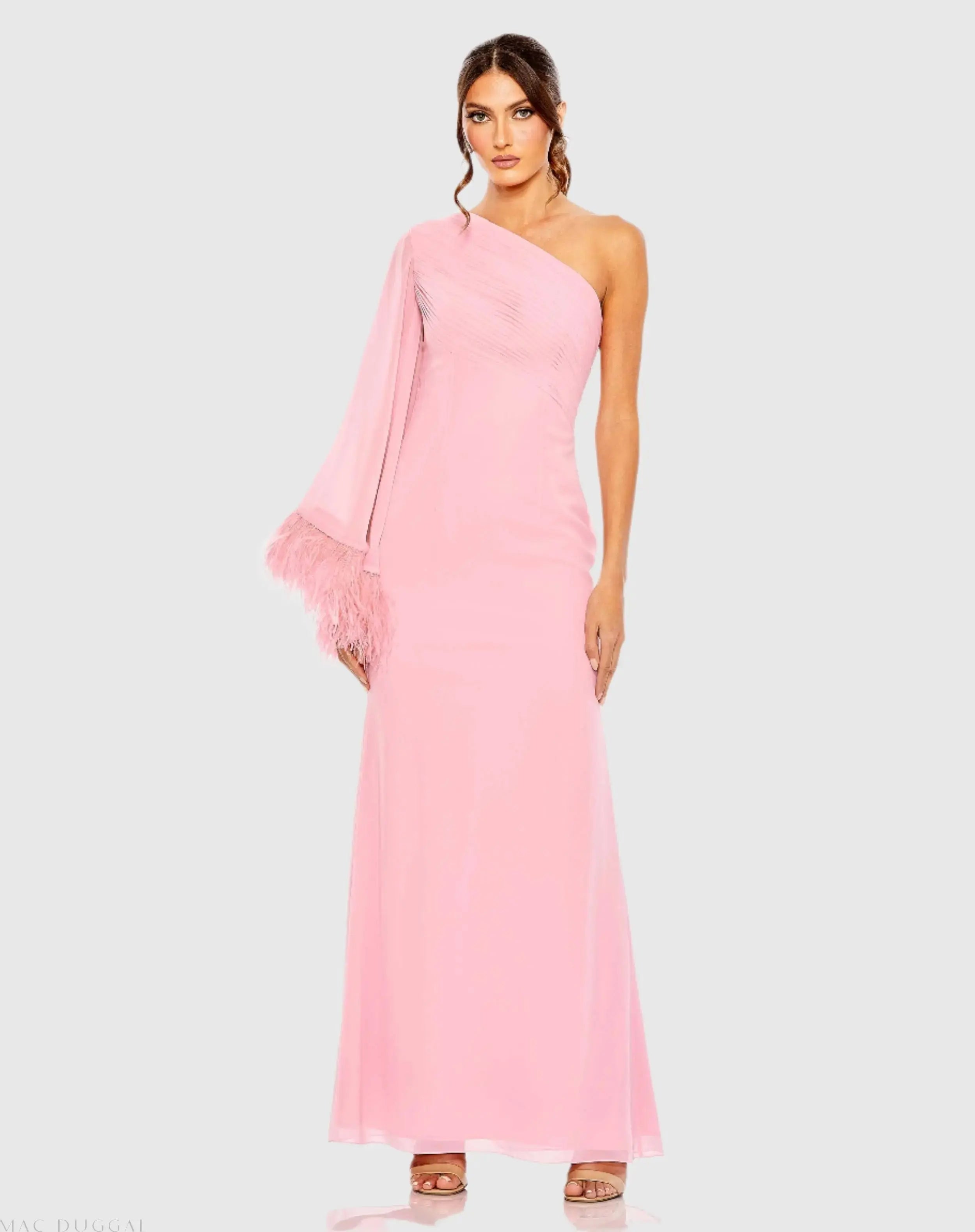 mac duggal pink one shoulder dress Pink Iridescent One Shoulder Rosette Ball Gown