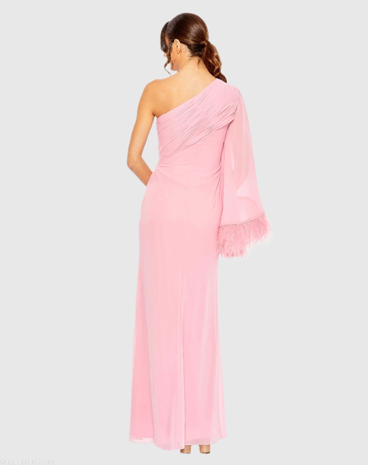 Pink Feather Cuff One Shoulder Ruched Gown - Mac Duggal