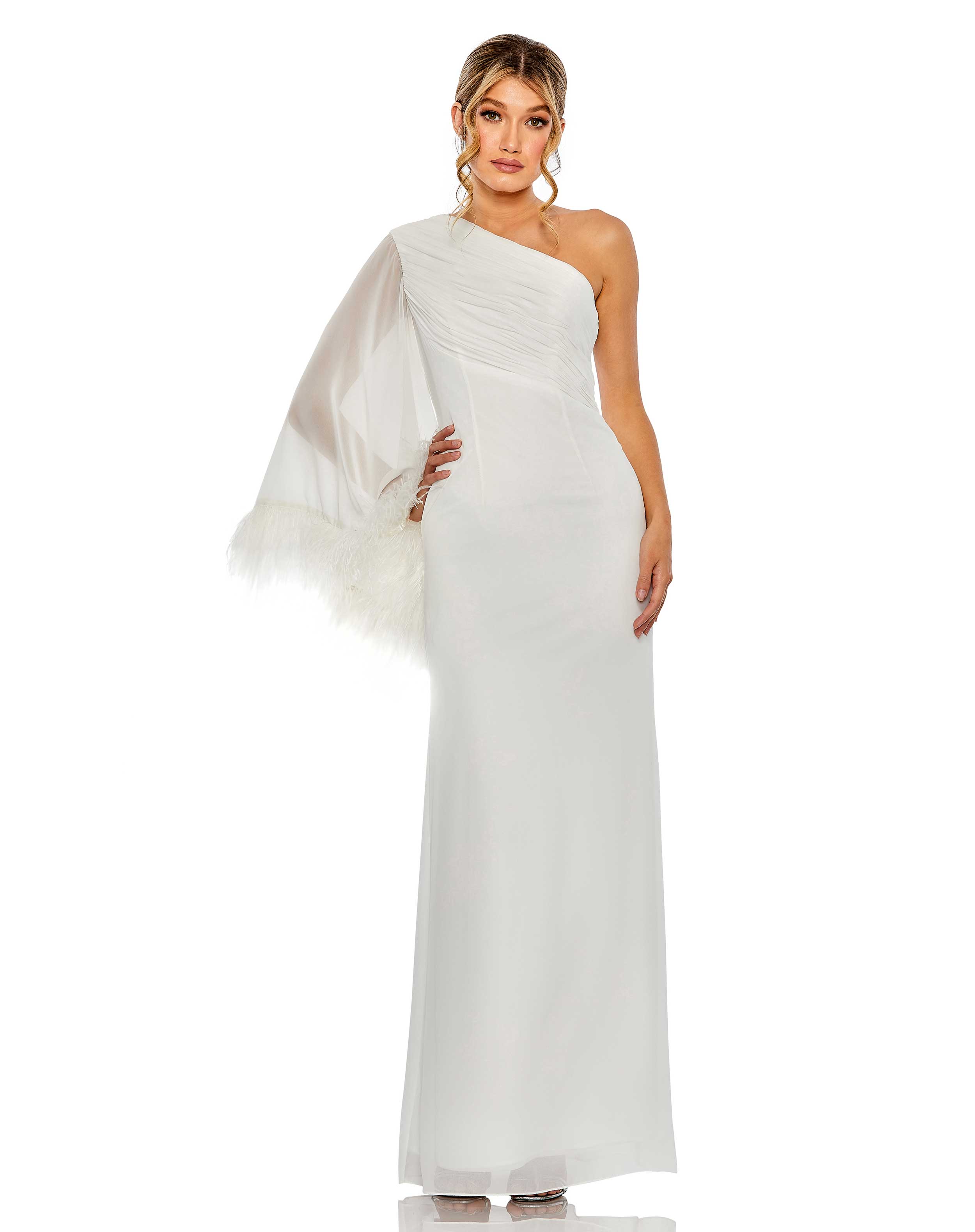 Feather Cuff One Shoulder Ruched Gown