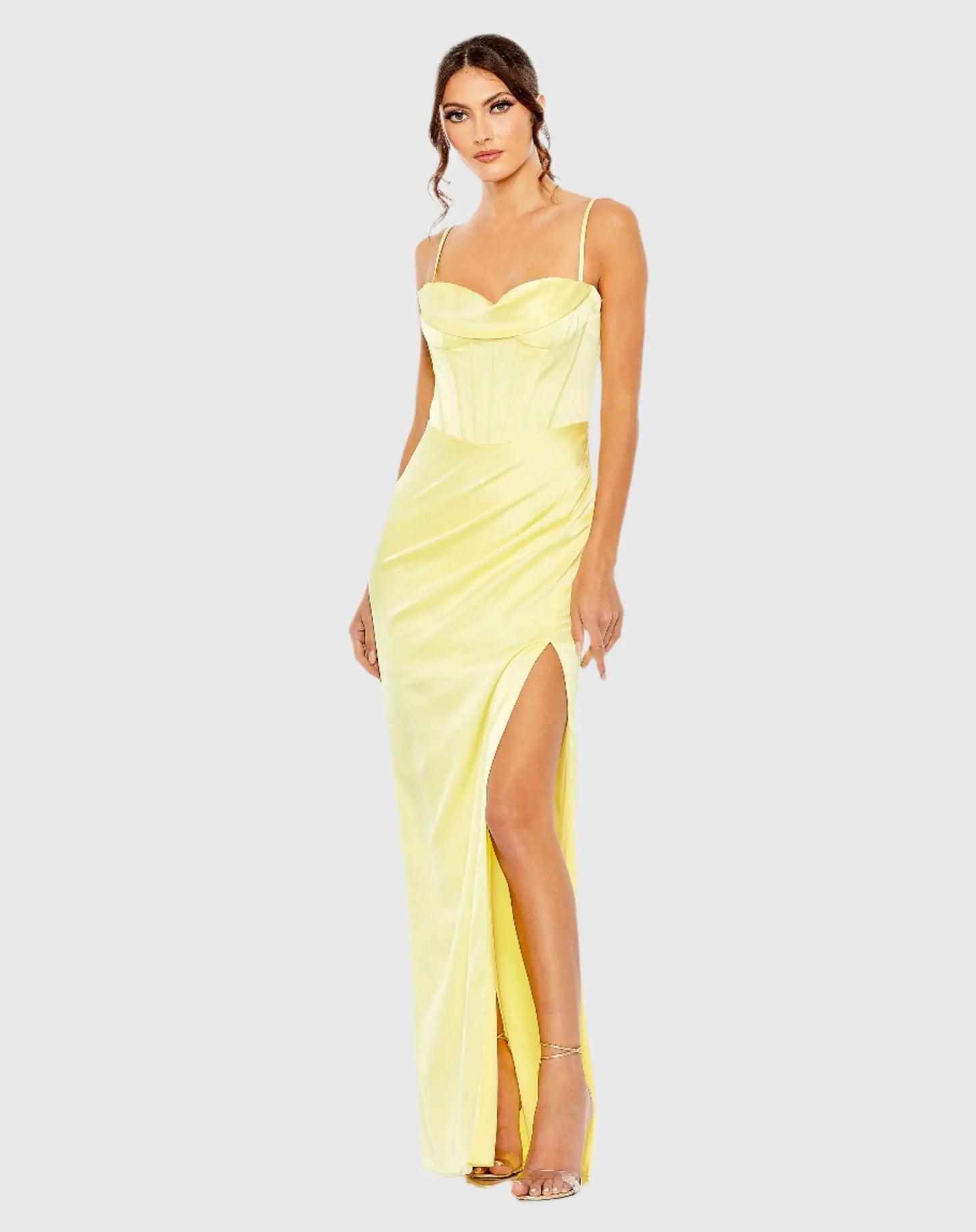 Yellow Bustier Side Ruched Bodycon Gown - Mac Duggal