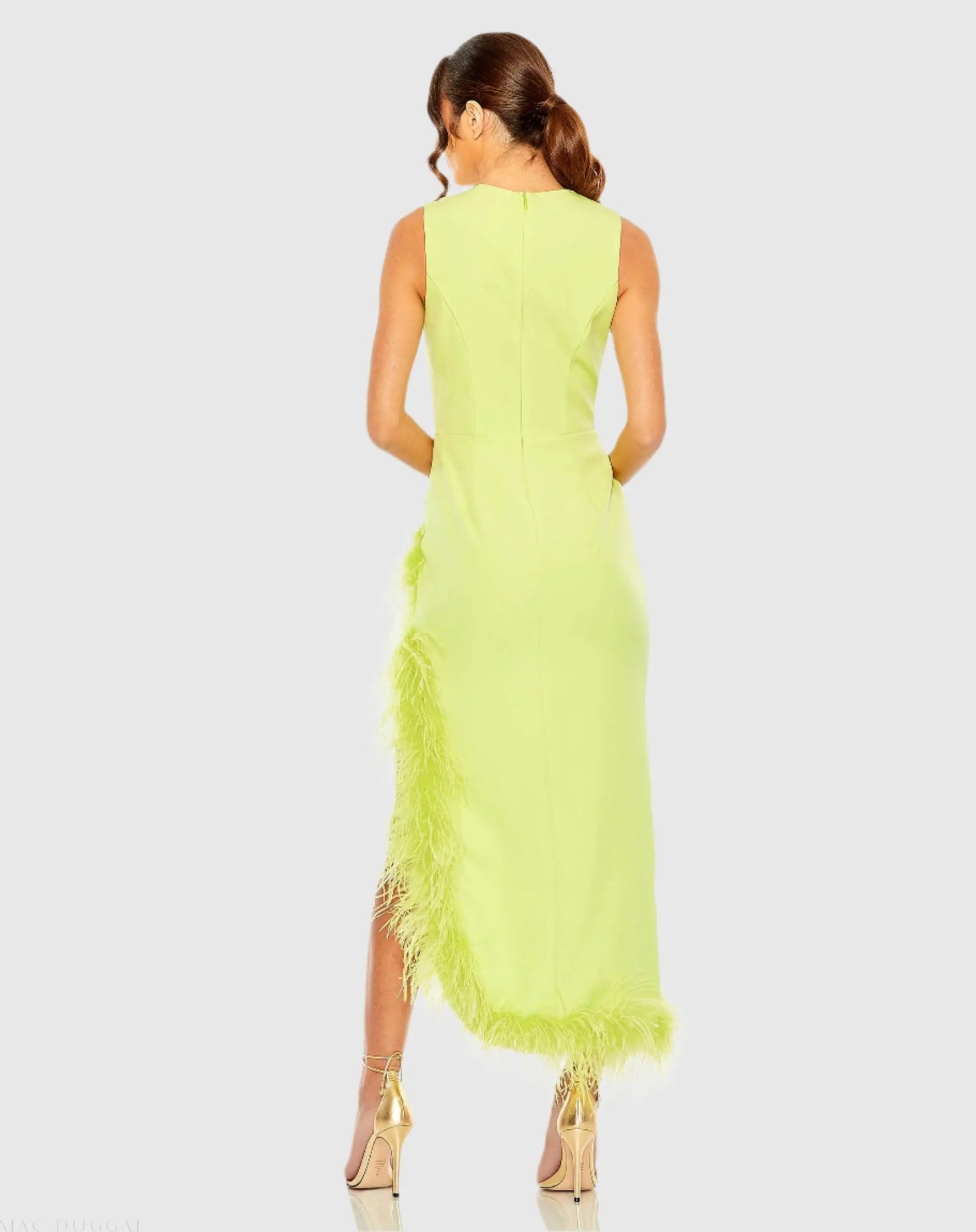 Green Ruched High-Low Column Dress with Feather Trim - Ieena for Mac Duggal