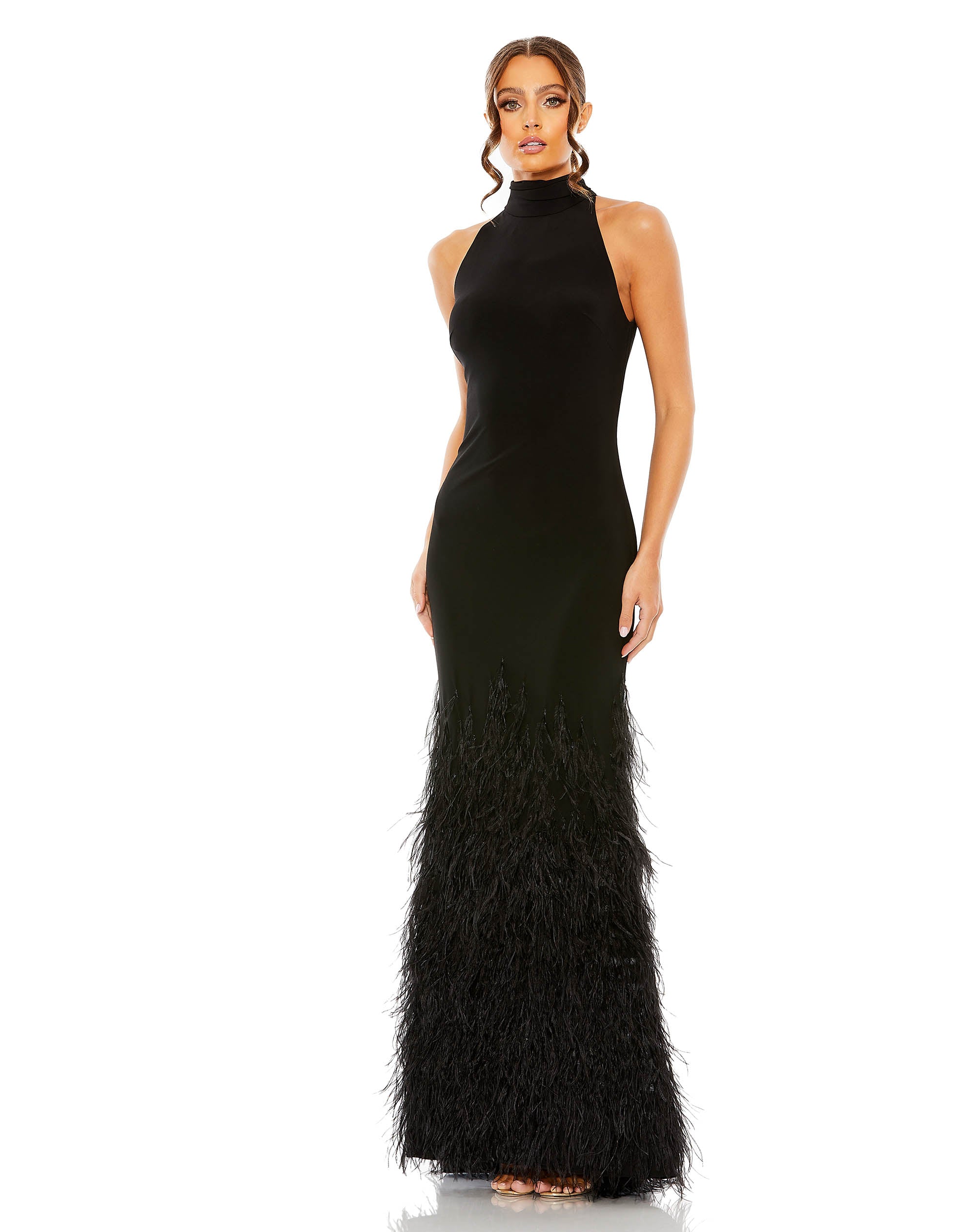 Jersey Halter Gown with Feather Tiered Detail