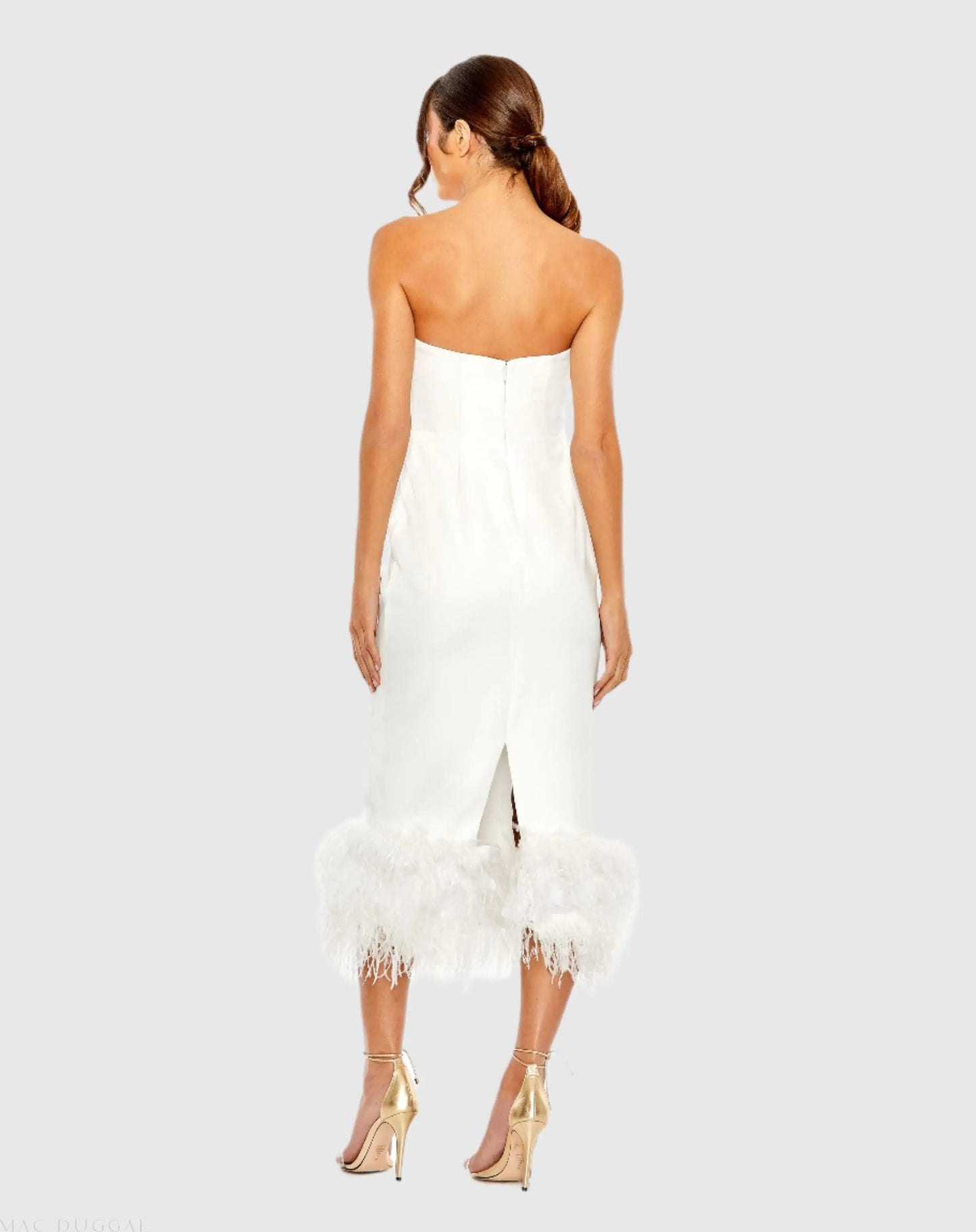 White Strapless Dress with Feather Trim - Ieena for Mac Duggal