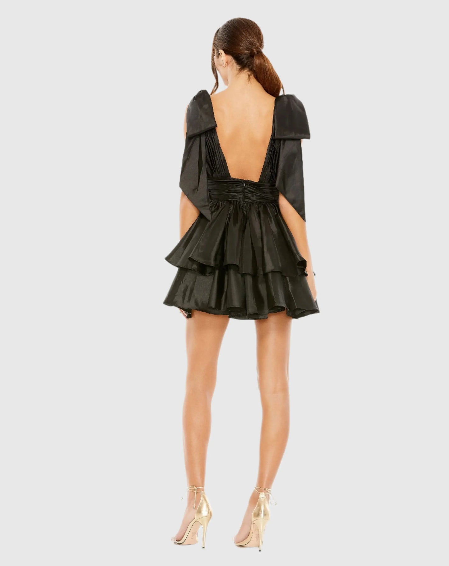 Black Oversized Bow Deep V Ruffle Mini Dress - Mac Duggal