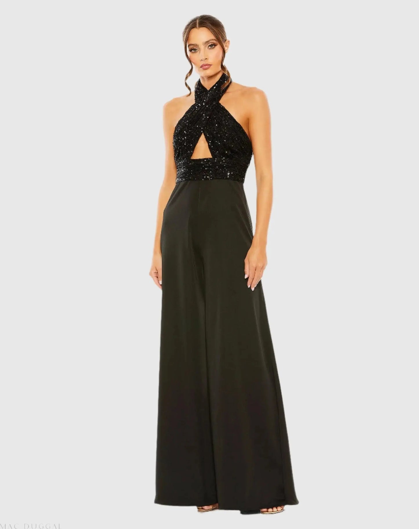 Black Sequined Cross Neck Halter Jumpsuit - Ieena for Mac Duggal