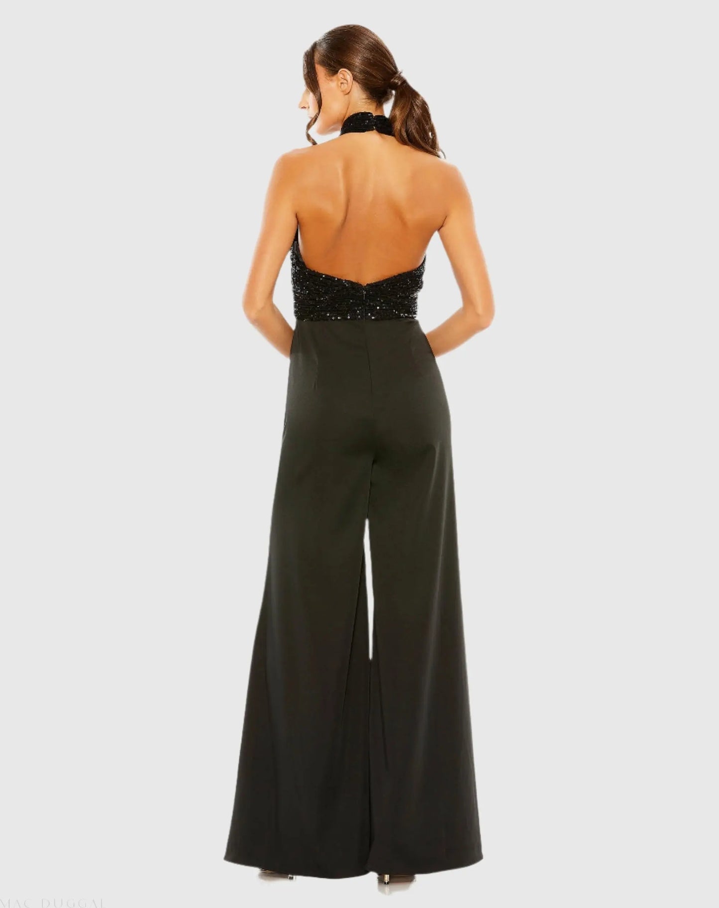Black Sequined Cross Neck Halter Jumpsuit - Ieena for Mac Duggal
