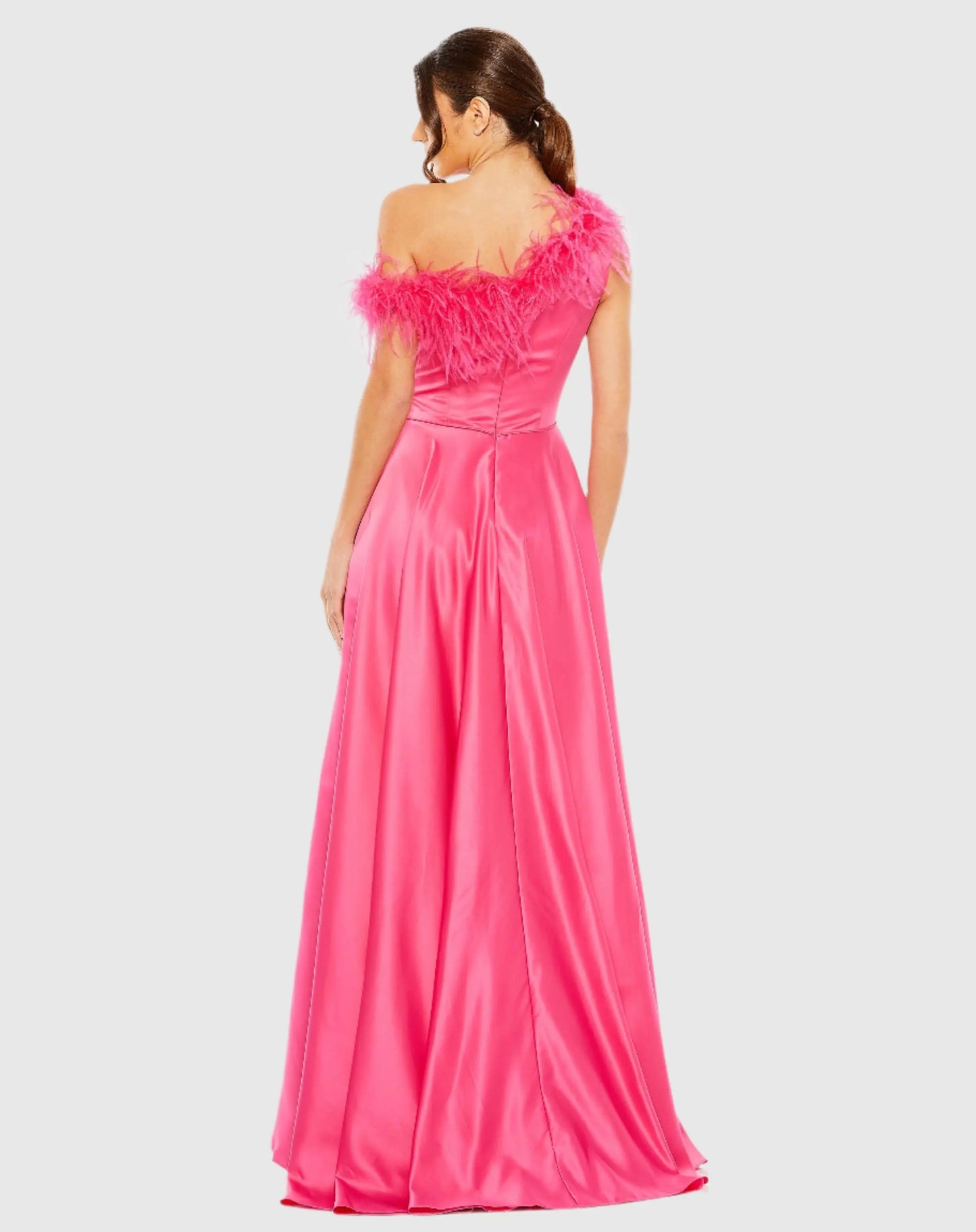 Pink One Shoulder A Line Gown With Feather Detail - Mac Duggal