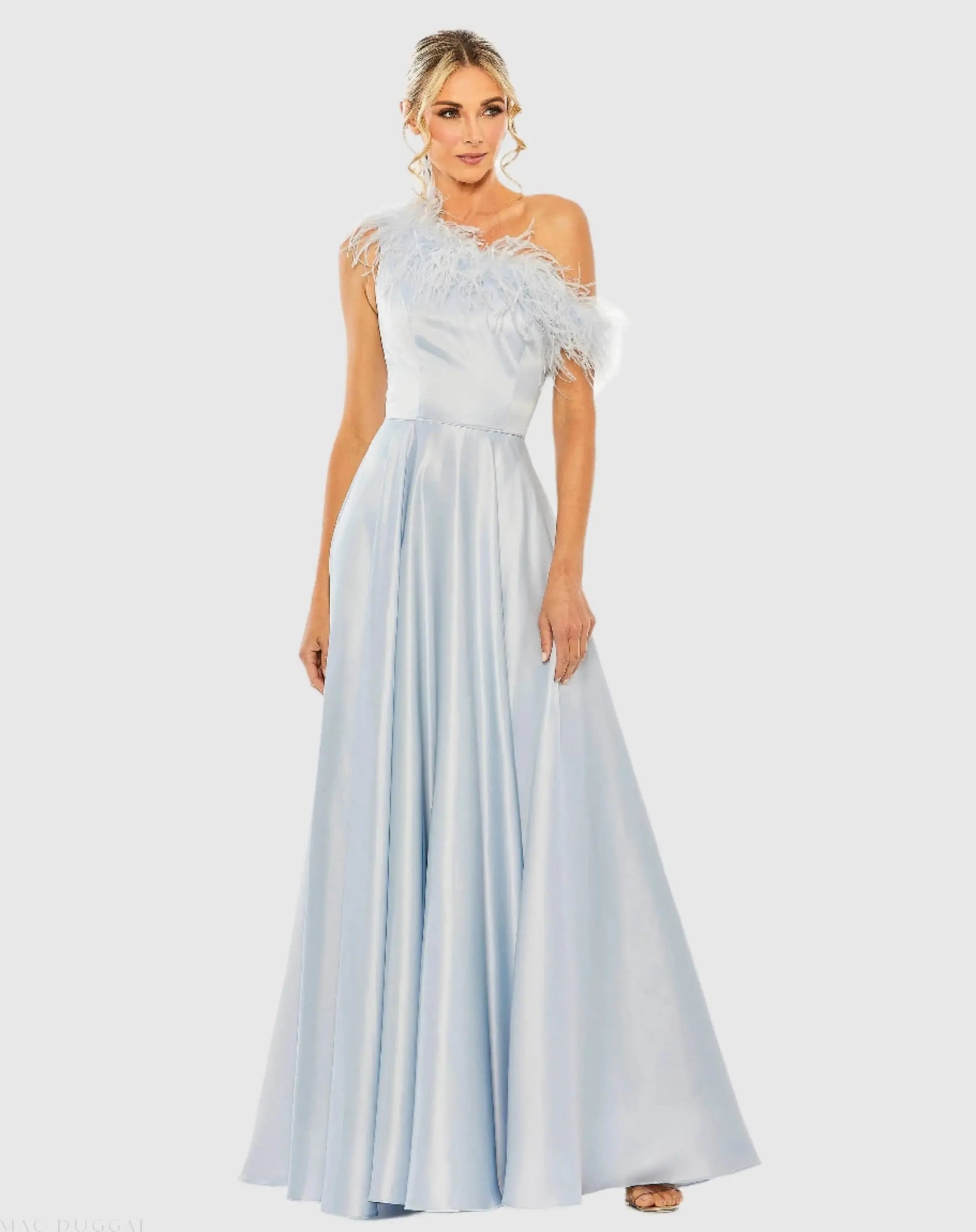 Blue One Shoulder A Line Gown With Feather Detail - Mac Duggal