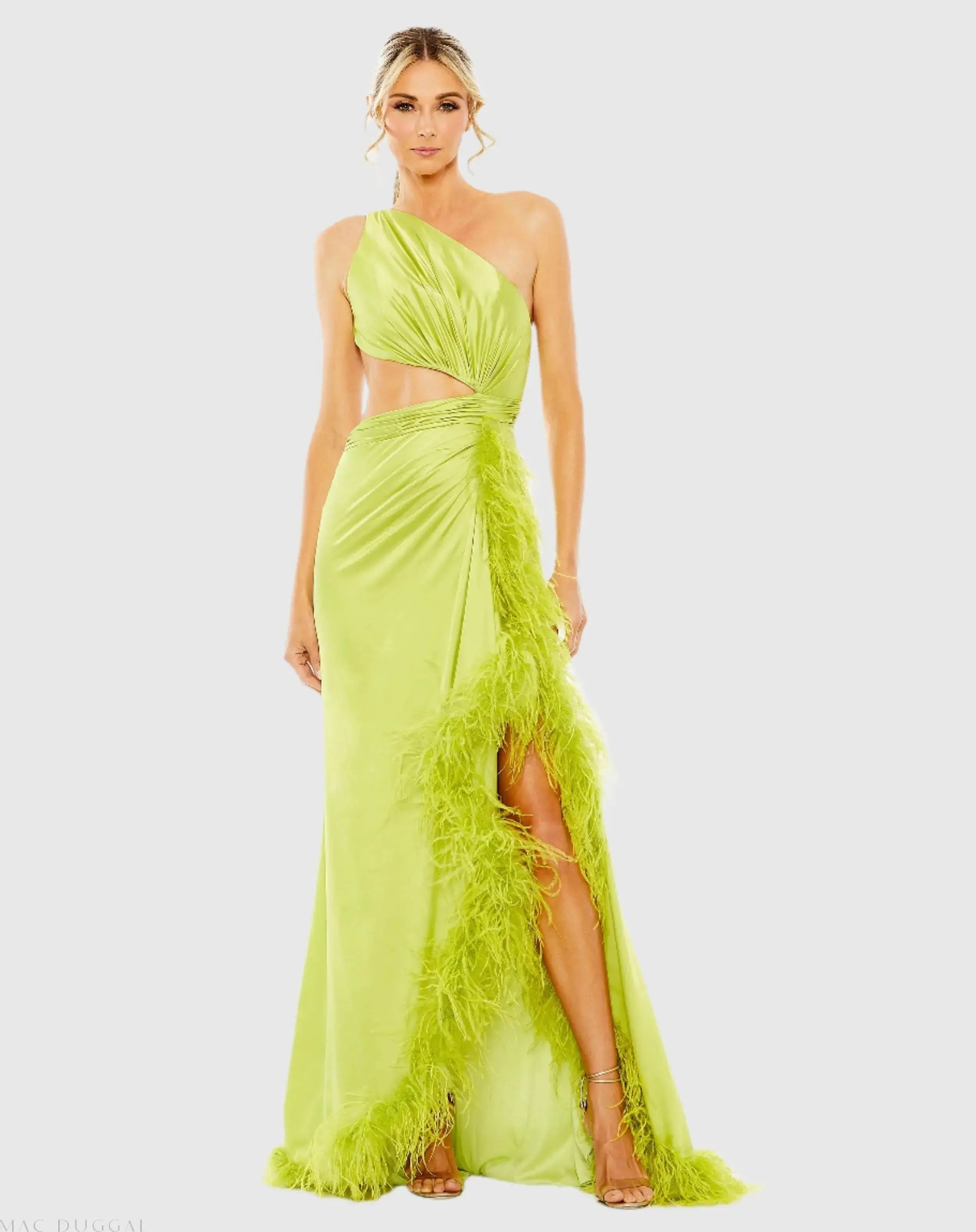 Mac Duggal One Shoulder Keyhole Detail With Feather Lining Lime, Size 6 Mac Duggal One Shoulder Keyhole Detail With Feather Lining Lime, Size 6