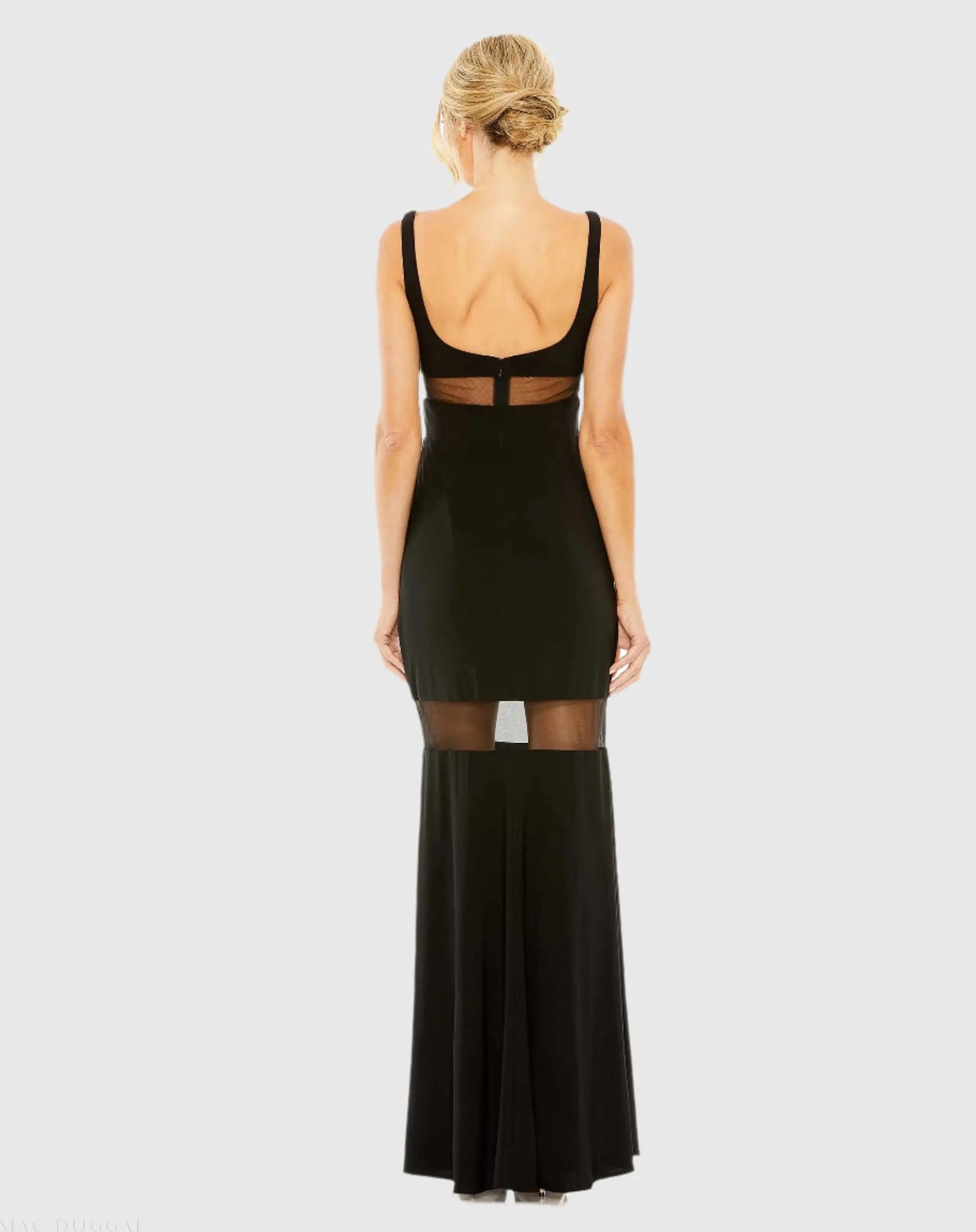 Black Sheer Mesh Panel Detail Column Gown - Ieena for Mac Duggal