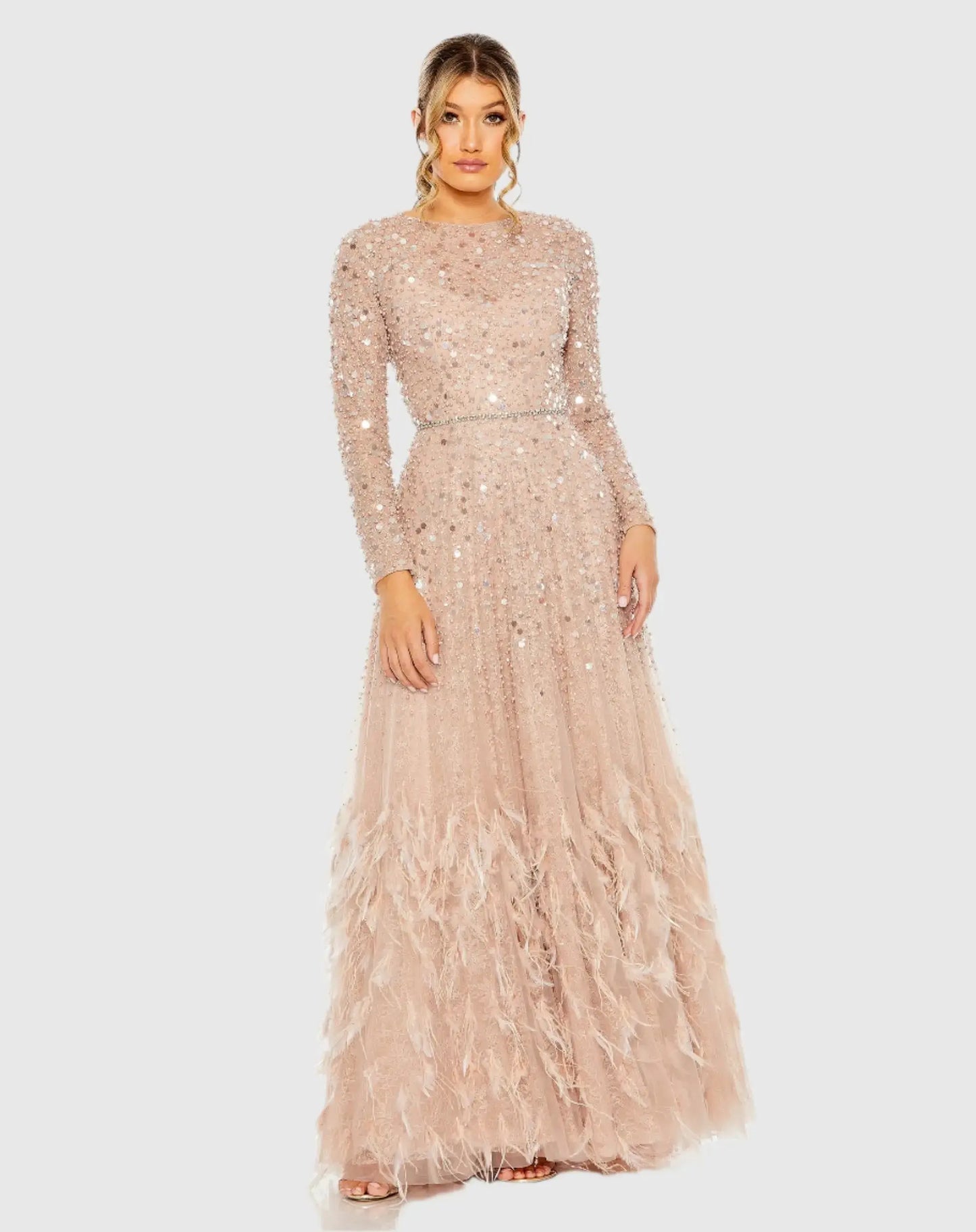 Pink Disc Embellished Sequin Gown with Feather Detail - Mac Duggal