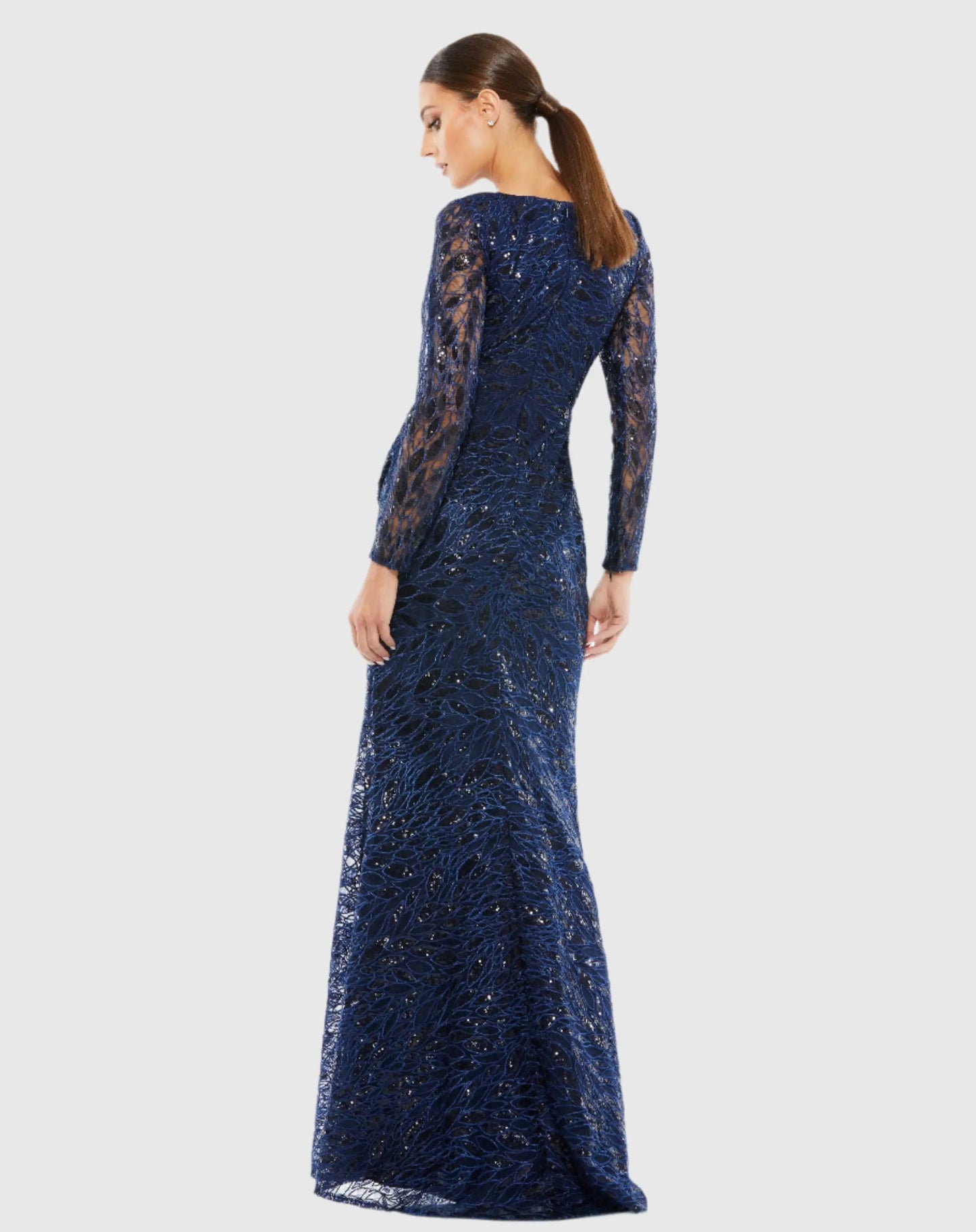Navy Long Sleeve Ruched Sequined V-Neck Gown - Mac Duggal