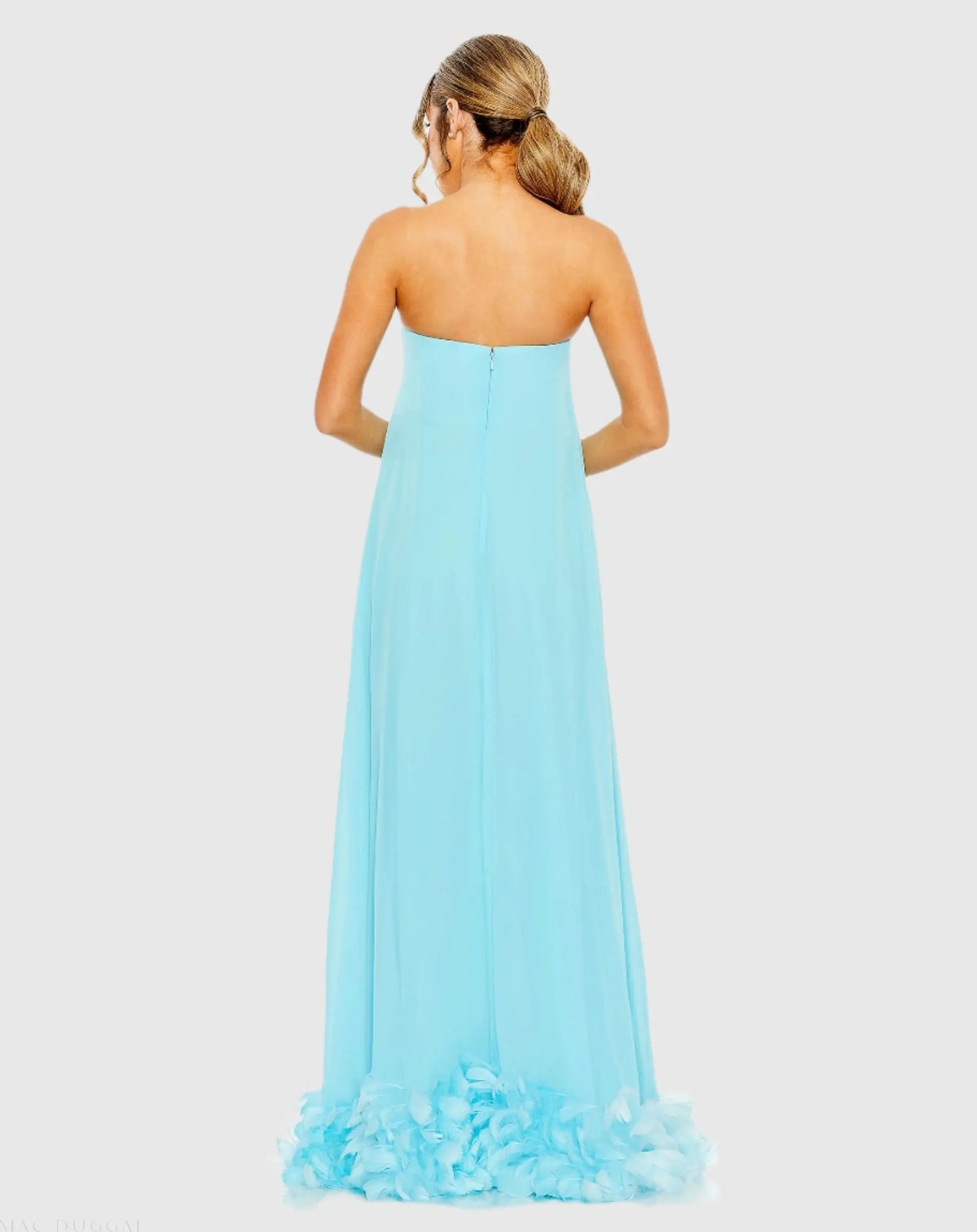 Blue Strapless Flare Feather Hem Gown - Mac Duggal