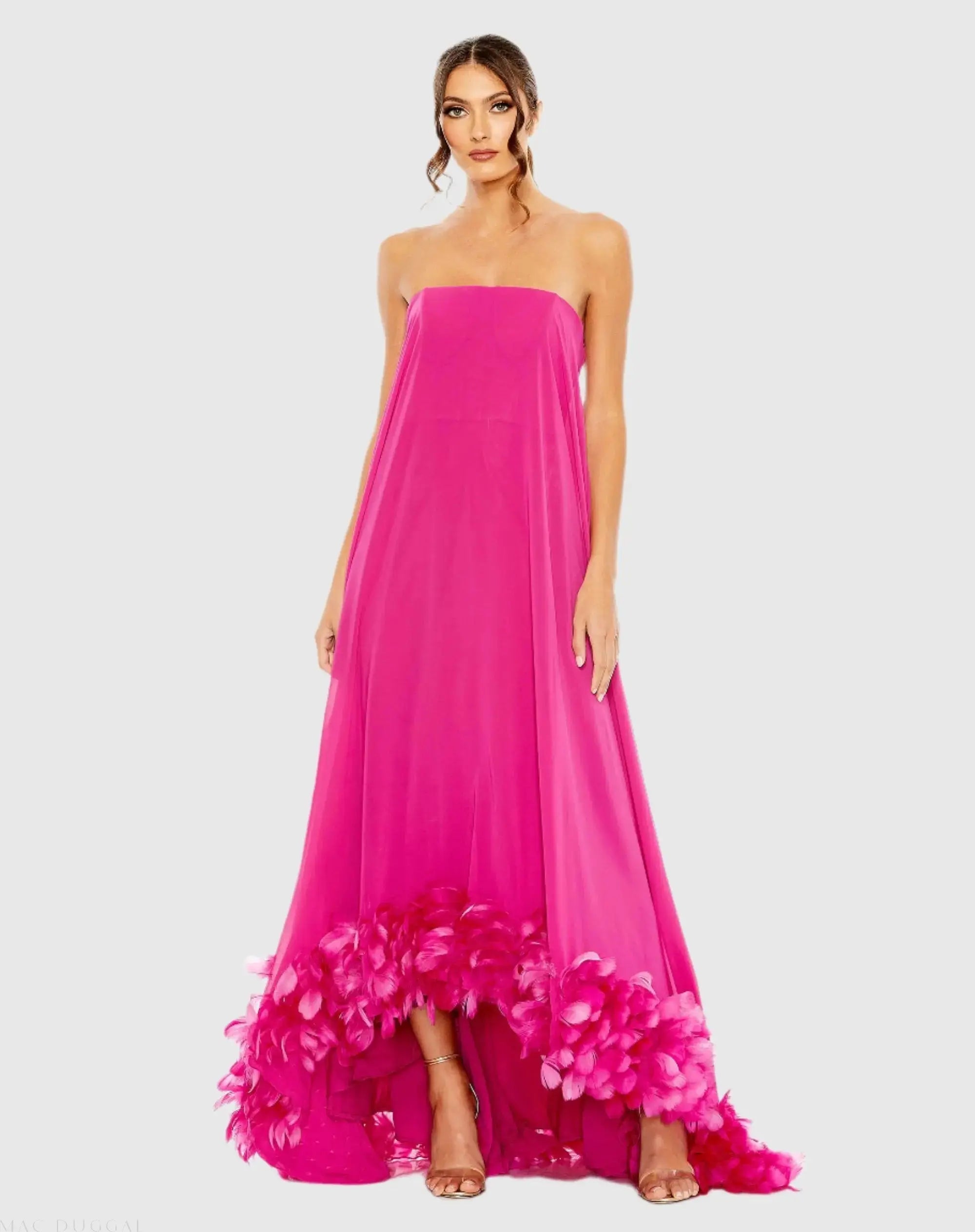 Mac Duggal - Pink Strapless Flare Feather Hem Gown - US 4 Mac Duggal - Pink Strapless Flare Feather Hem Gown - US 4