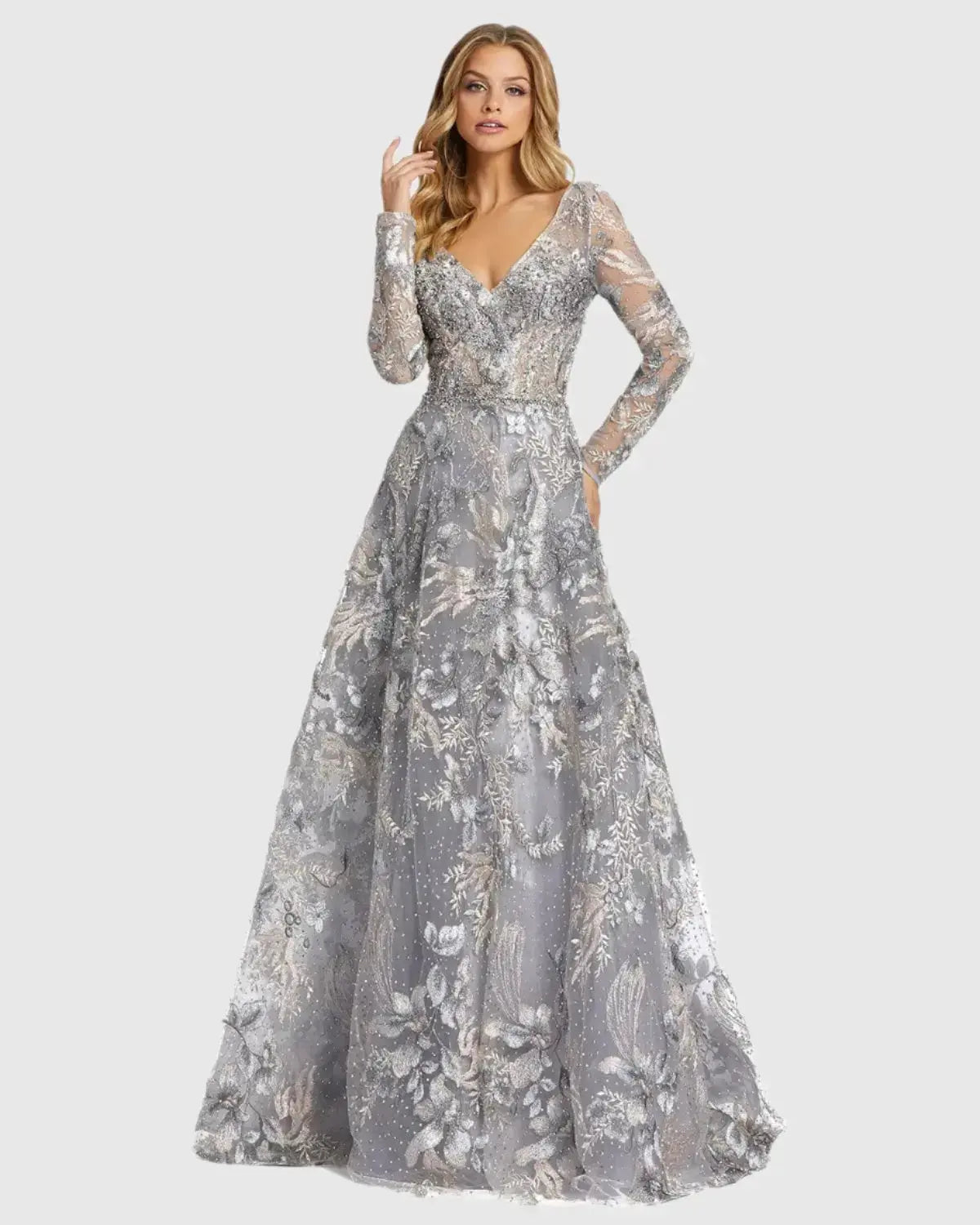 mac duggal grey dress Gray Embroidered Illusion Cap Sleeve A Line Gown