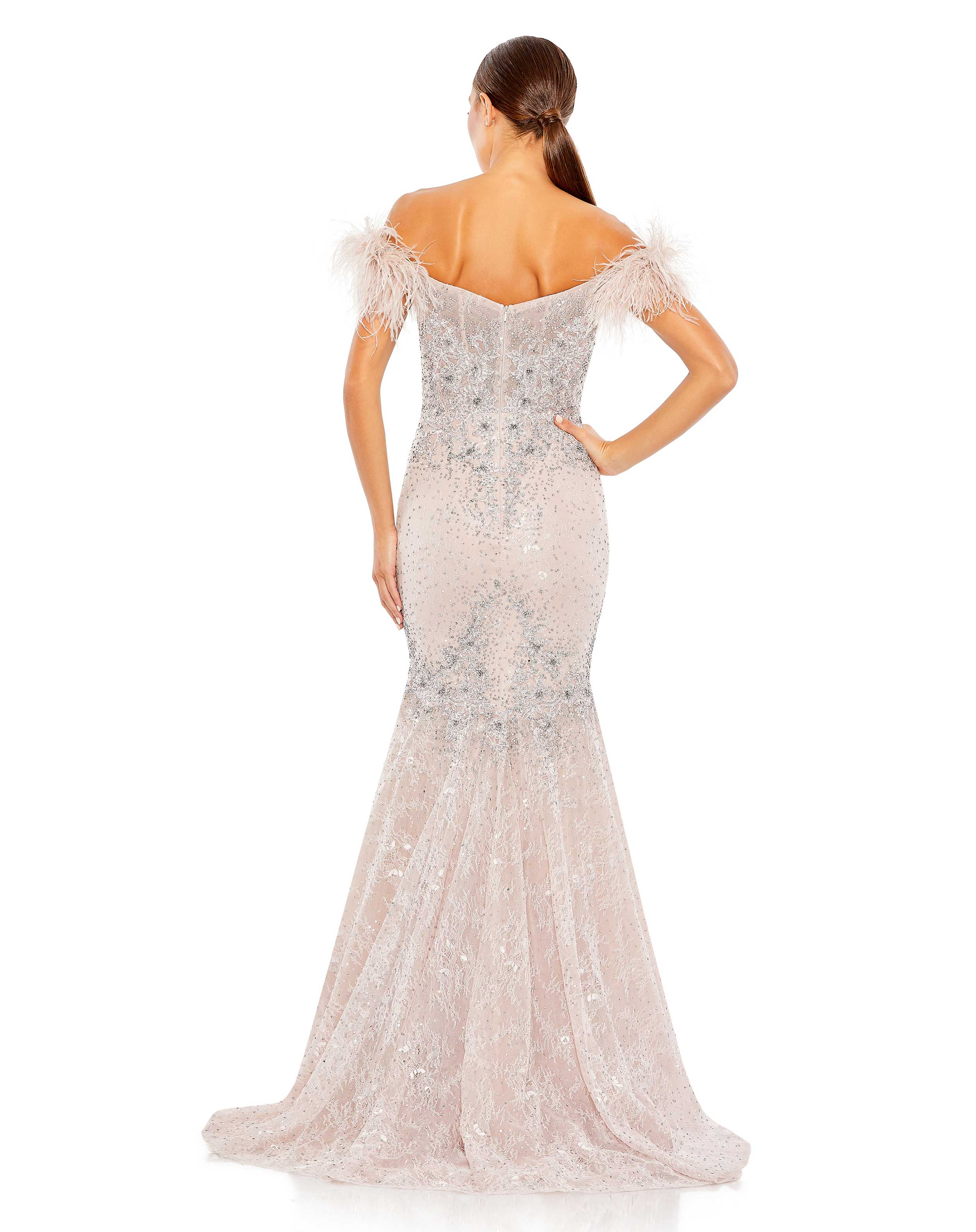 Feathered Crystal Embellished Sleeveless Gown