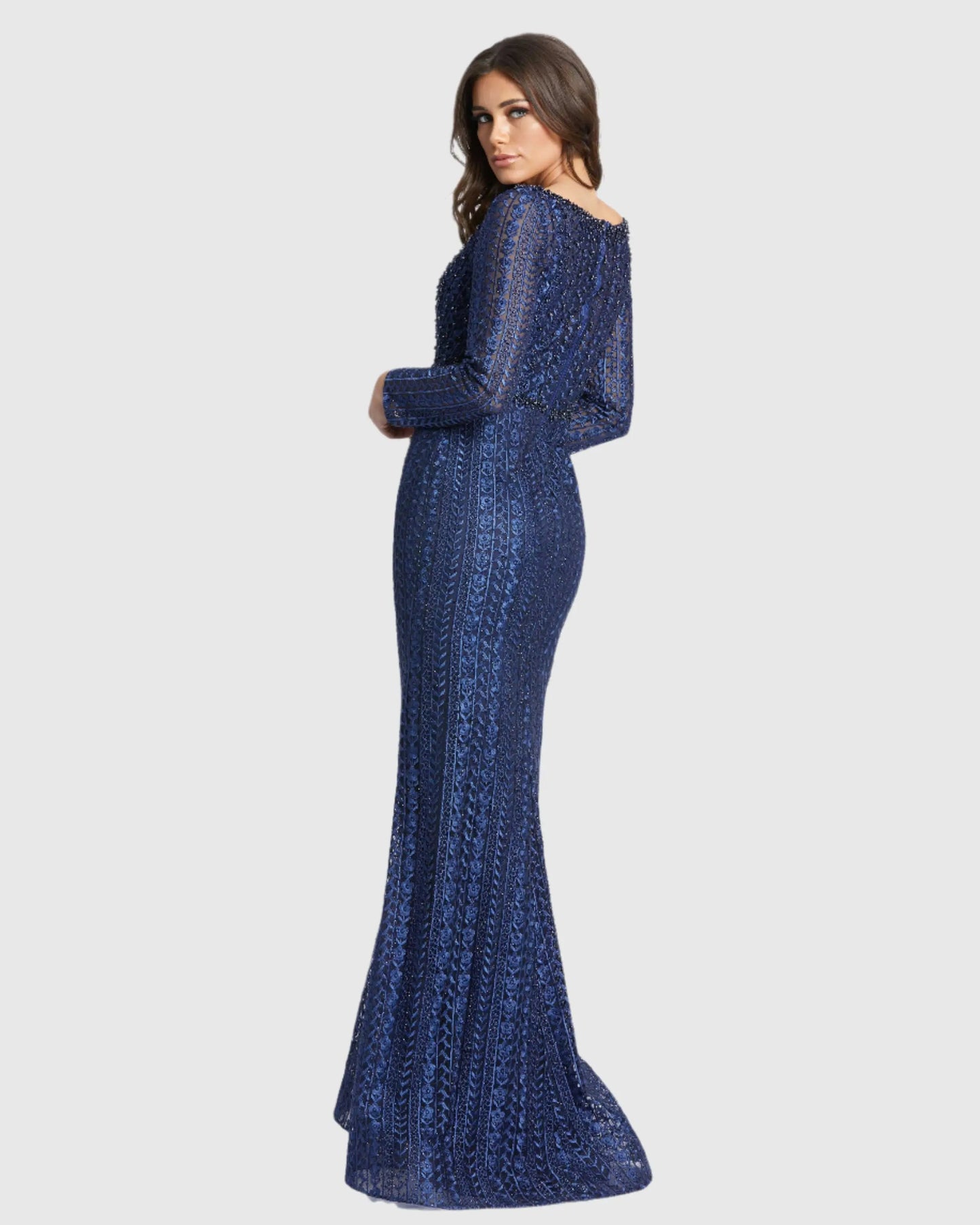 Navy Embroidered Long Sleeve V Neck Trumpet Gown - Mac Duggal