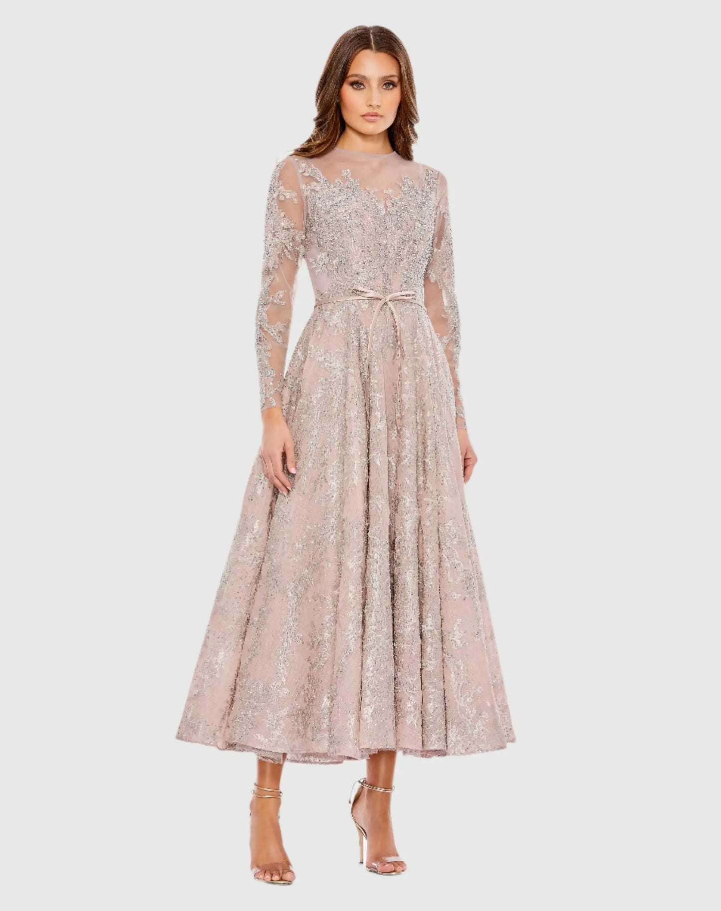 Pink Embellished Bow Belt Illusion Long Sleeve A Line Dress - Mac Duggal